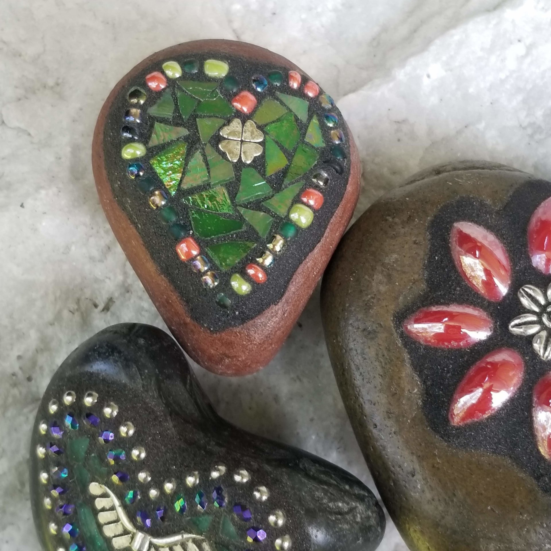 Mosaic Garden Stone Paperweights, Secret Santa Stocking Stuffer, #5 Group Mosaic Heart and Rocks,   