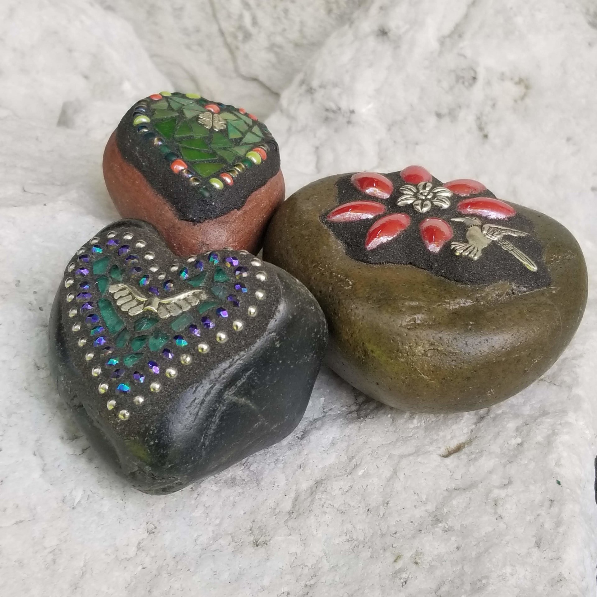 Mosaic Garden Stone Paperweights, Secret Santa Stocking Stuffer, #5 Group Mosaic Heart and Rocks,   