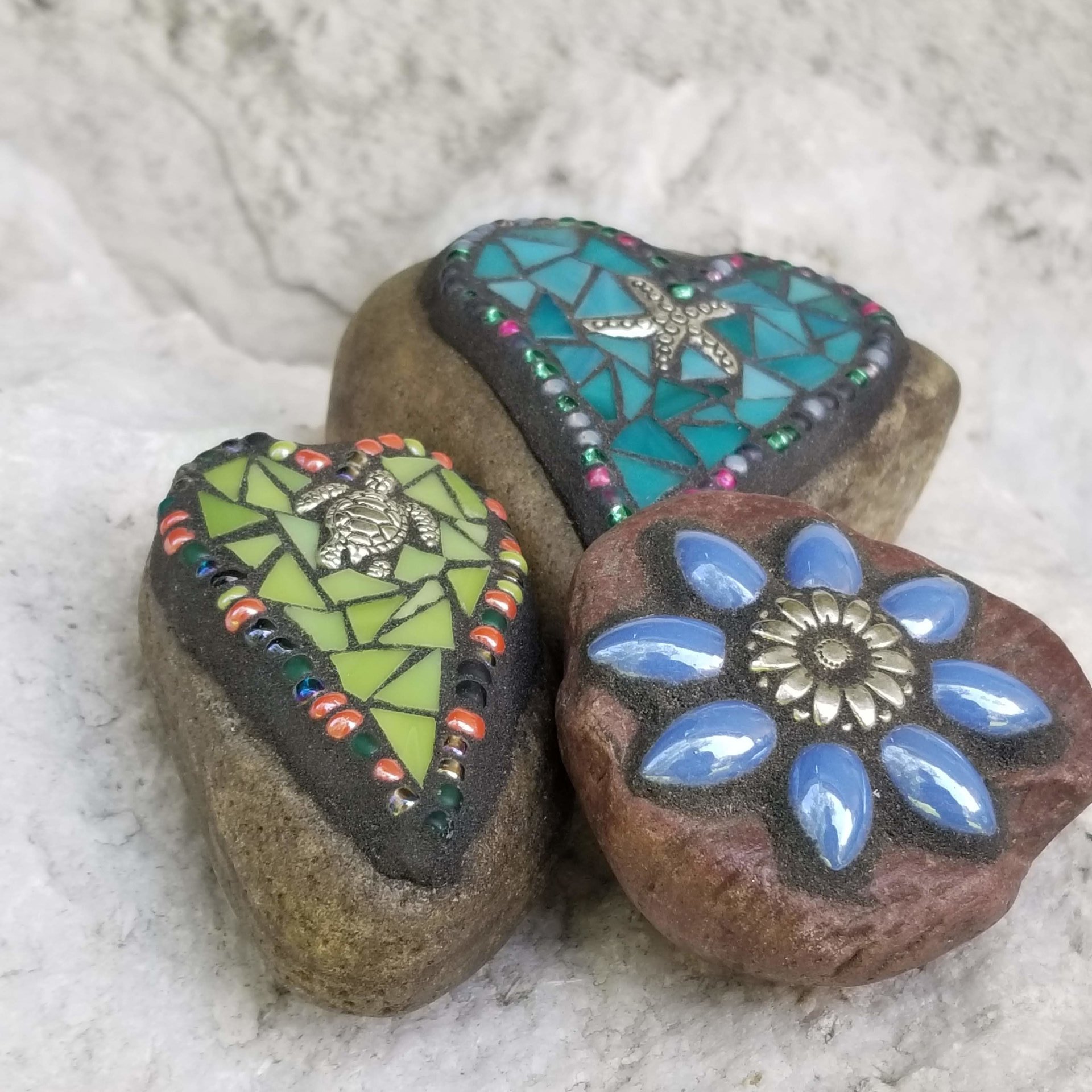 Mosaic Garden Stone Paperweights, Secret Santa Stocking Stuffer, #4 Group Mosaic Heart and Rocks,   