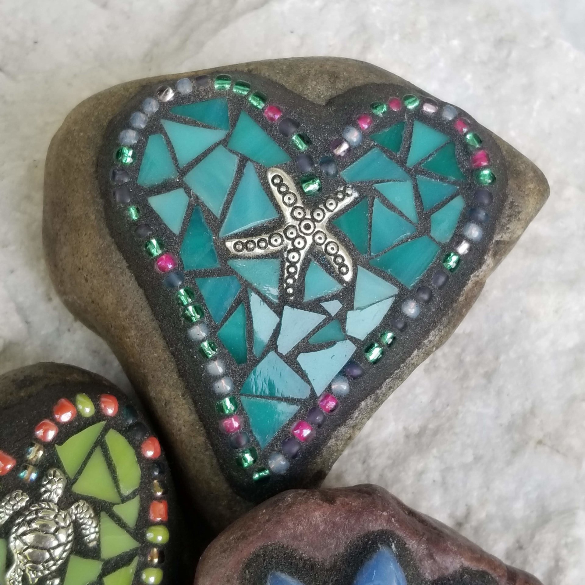 Mosaic Garden Stone Paperweights, Secret Santa Stocking Stuffer, #4 Group Mosaic Heart and Rocks,   