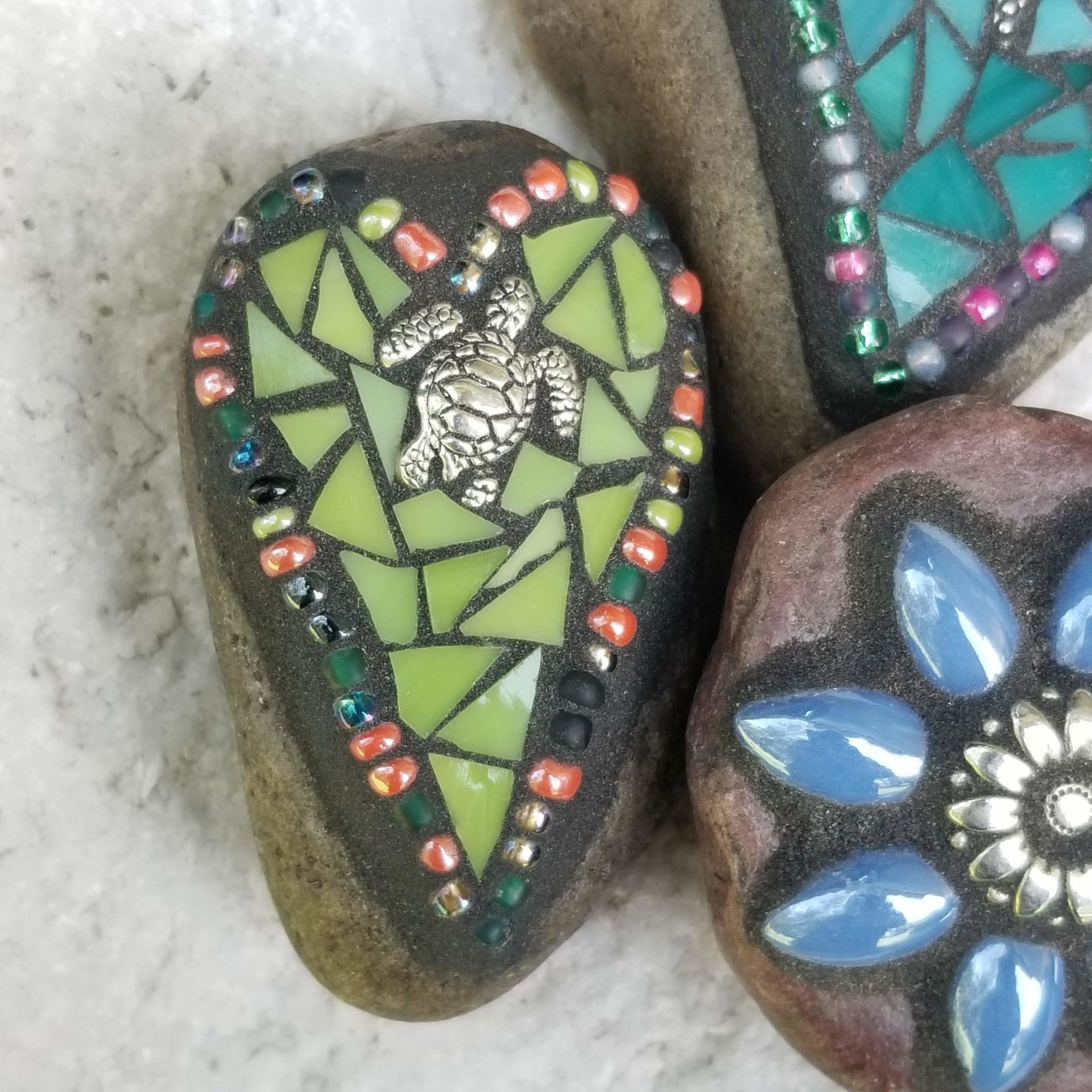 Mosaic Garden Stone Paperweights, Secret Santa Stocking Stuffer, #4 Group Mosaic Heart and Rocks,   