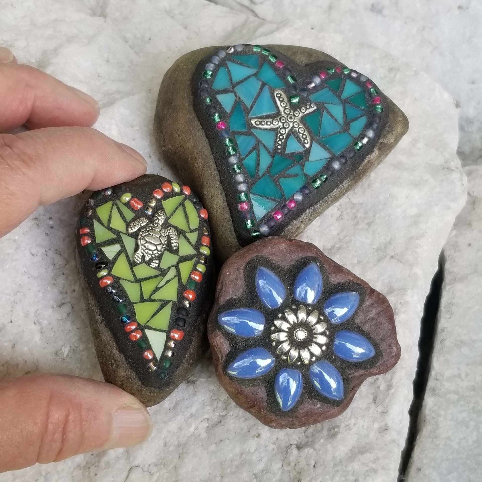 Mosaic Garden Stone Paperweights, Secret Santa Stocking Stuffer, #4 Group Mosaic Heart and Rocks,   