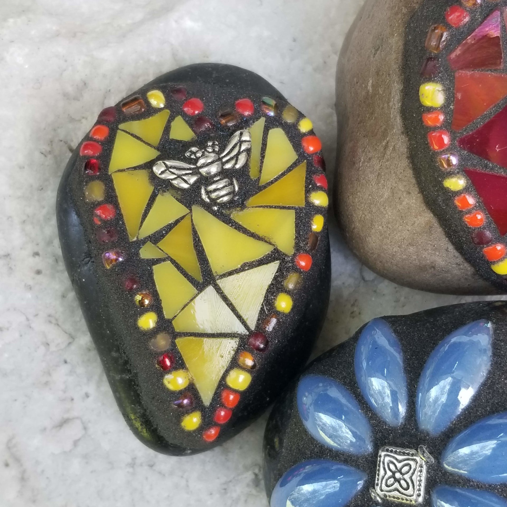 Mosaic Garden Stone Paperweights, Secret Santa Stocking Stuffer, #3 Group Mosaic Heart and Rocks,   