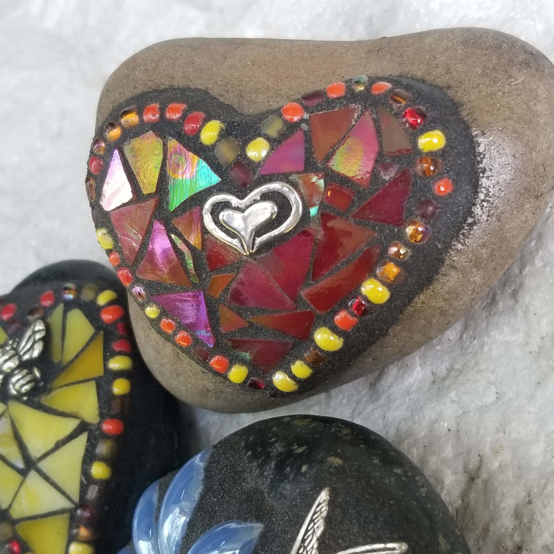 Mosaic Garden Stone Paperweights, Secret Santa Stocking Stuffer, #3 Group Mosaic Heart and Rocks,   