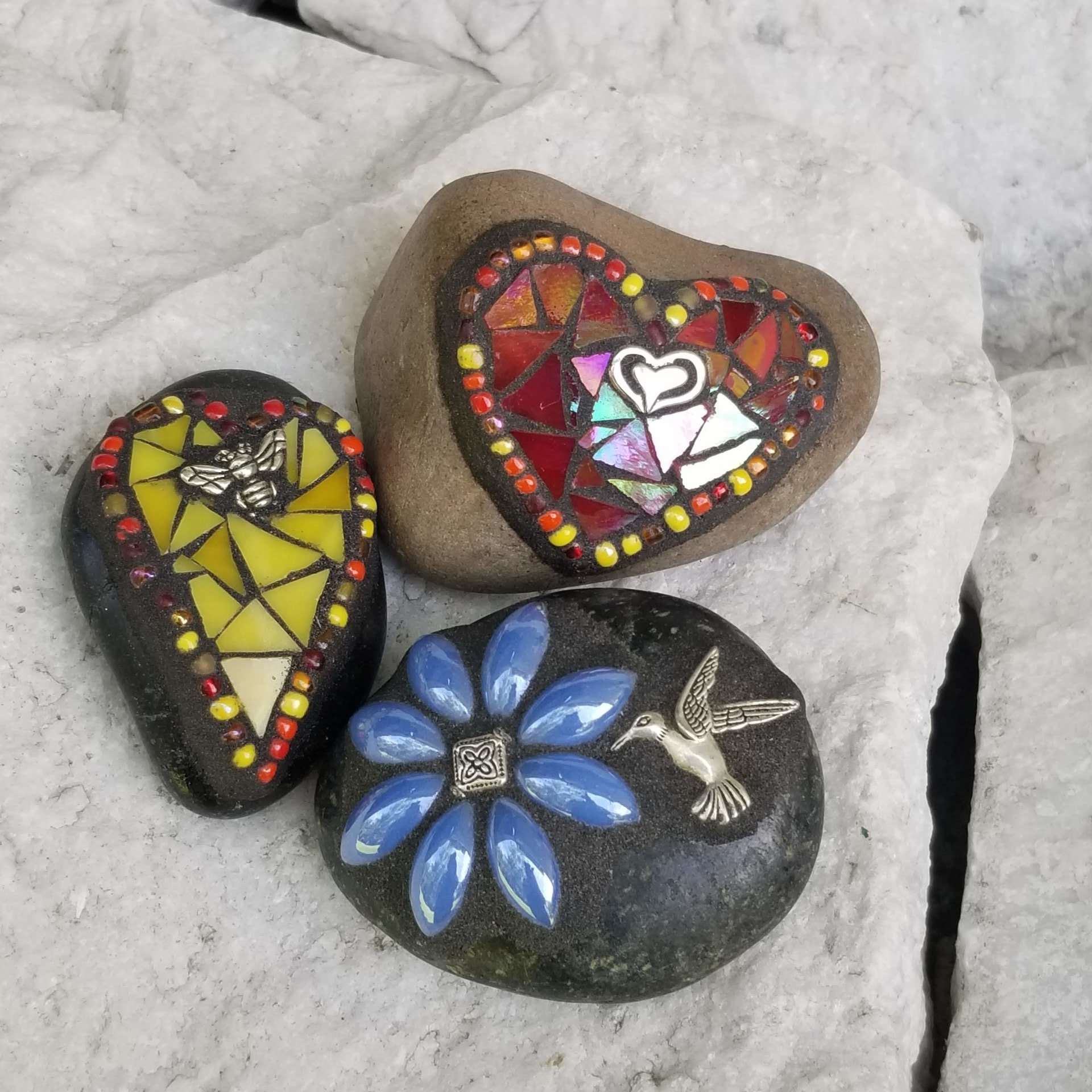 Mosaic Garden Stone Paperweights, Secret Santa Stocking Stuffer, #3 Group Mosaic Heart and Rocks,   