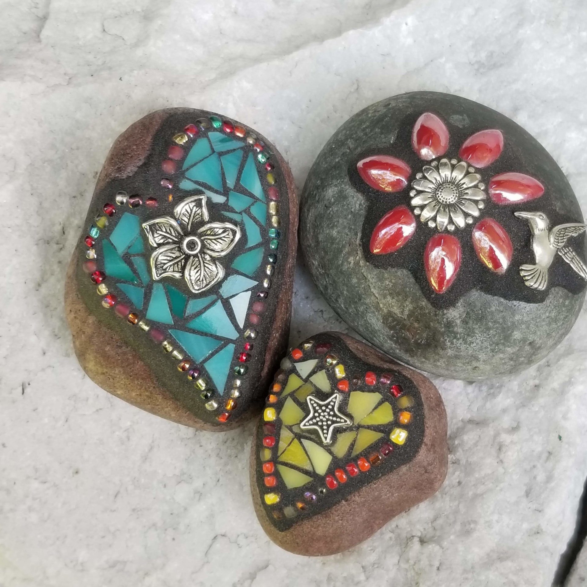 Mosaic Garden Stone Paperweights, Secret Santa Stocking Stuffer, #2 Group Mosaic Heart and Rocks,   