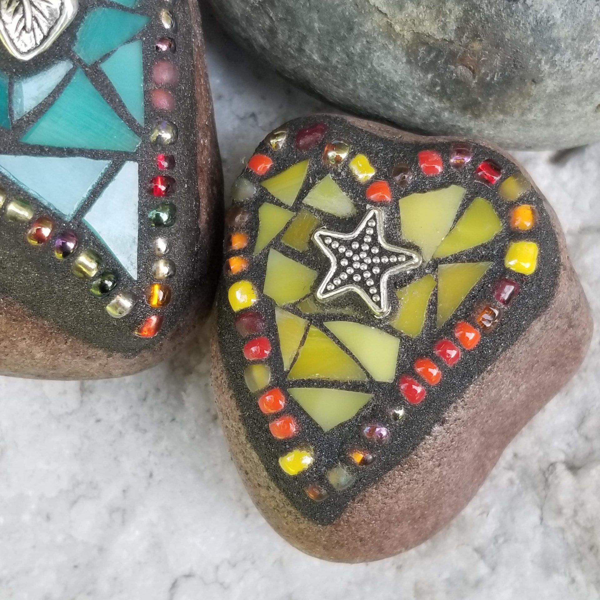 Mosaic Garden Stone Paperweights, Secret Santa Stocking Stuffer, #2 Group Mosaic Heart and Rocks,   