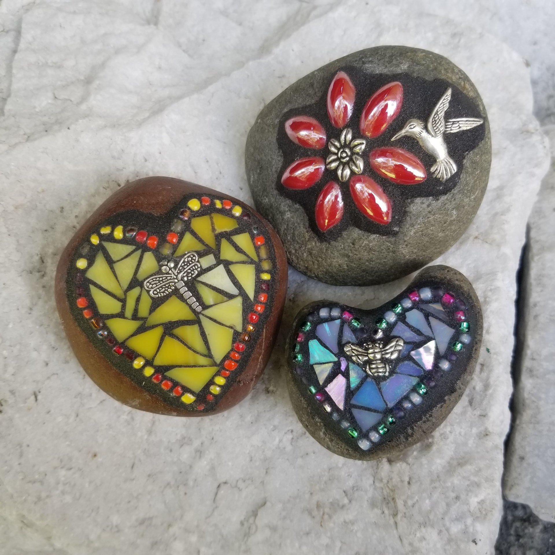 Mosaic Garden Stone Paperweights, Secret Santa Stocking Stuffer, #1 Group Mosaic Heart and Rocks 