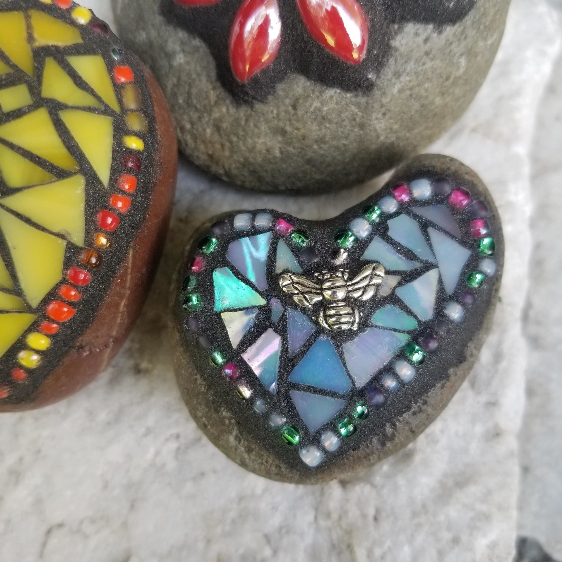 Mosaic Garden Stone Paperweights, Secret Santa Stocking Stuffer, #1 Group Mosaic Heart and Rocks 