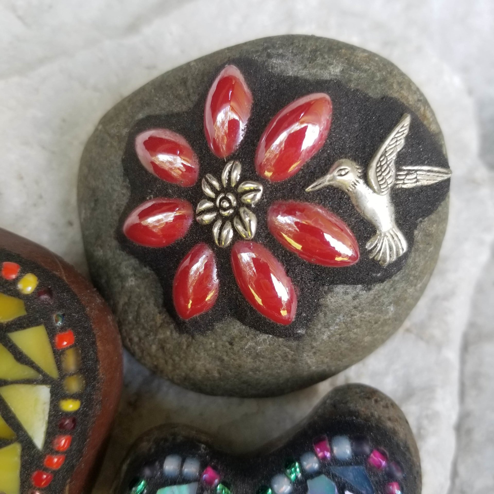 Mosaic Garden Stone Paperweights, Secret Santa Stocking Stuffer, #1 Group Mosaic Heart and Rocks 