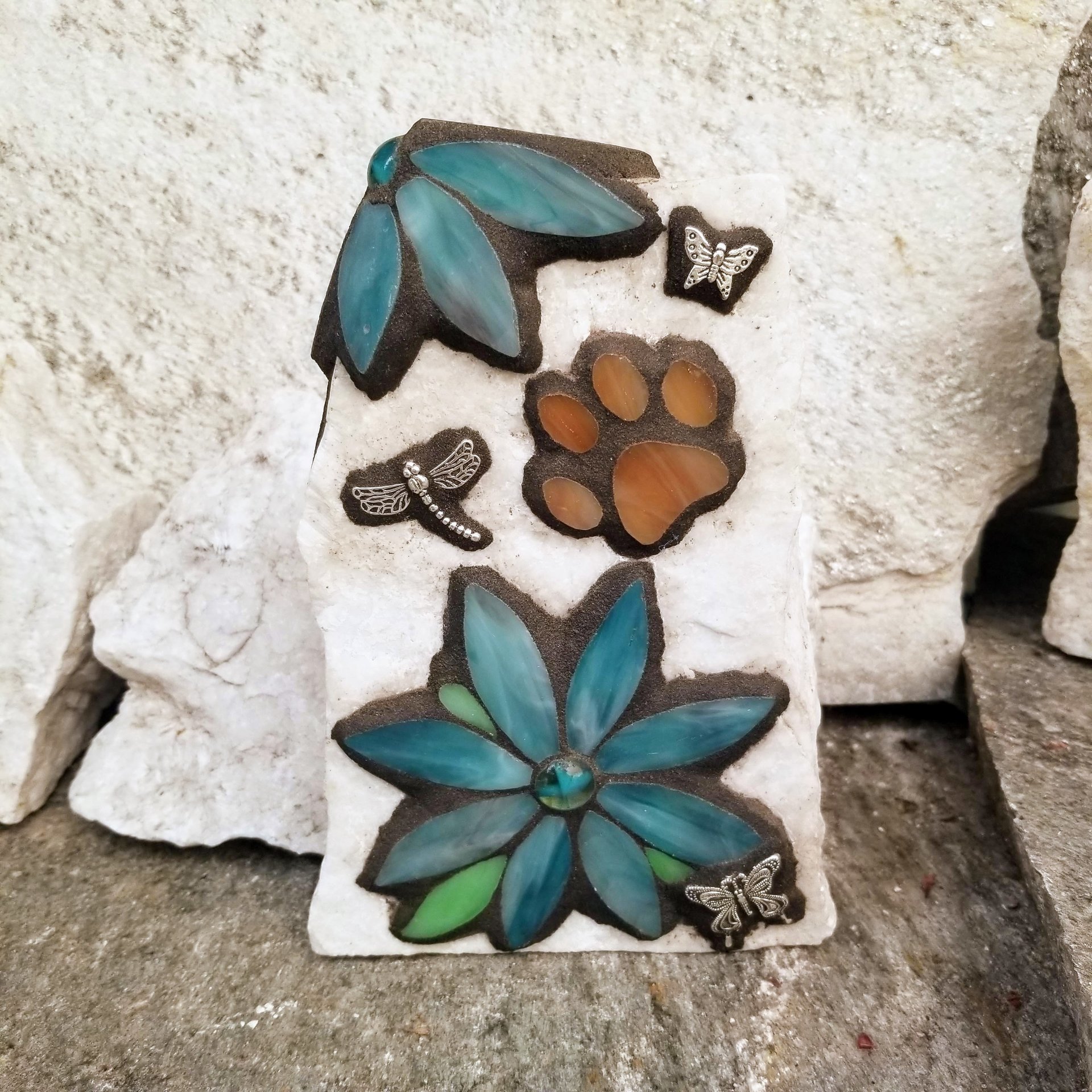 Mosaic Pet Memorial, Teal Flowers Dragonfly Garden Stone, Garden Decor