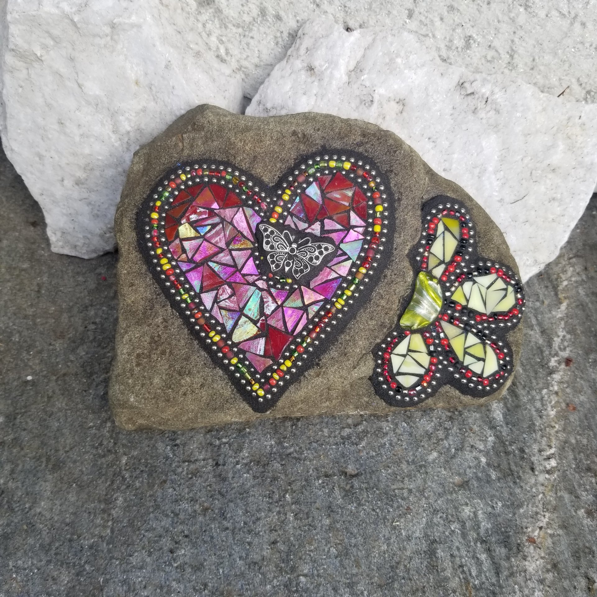 Iridescent Red Mosaic Heart, Garden Stone, Garden Decor, Butterfly