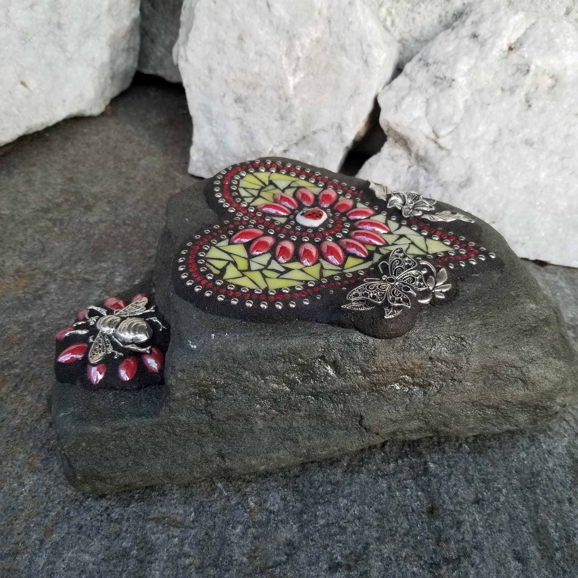 Red and Yellow Flower Mosaic Heart, Garden Stone, Garden Decor