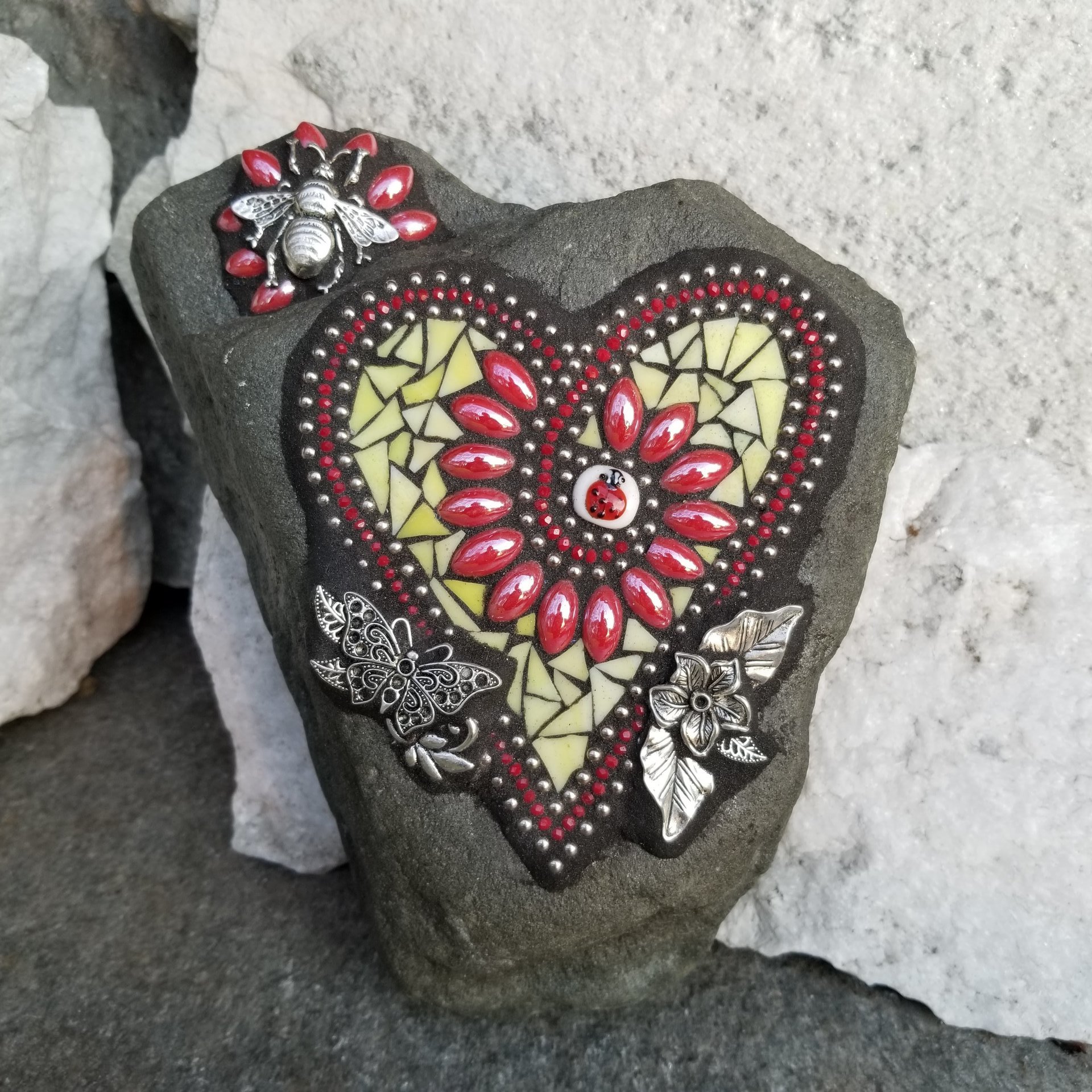 Red and Yellow Flower Mosaic Heart, Garden Stone, Garden Decor