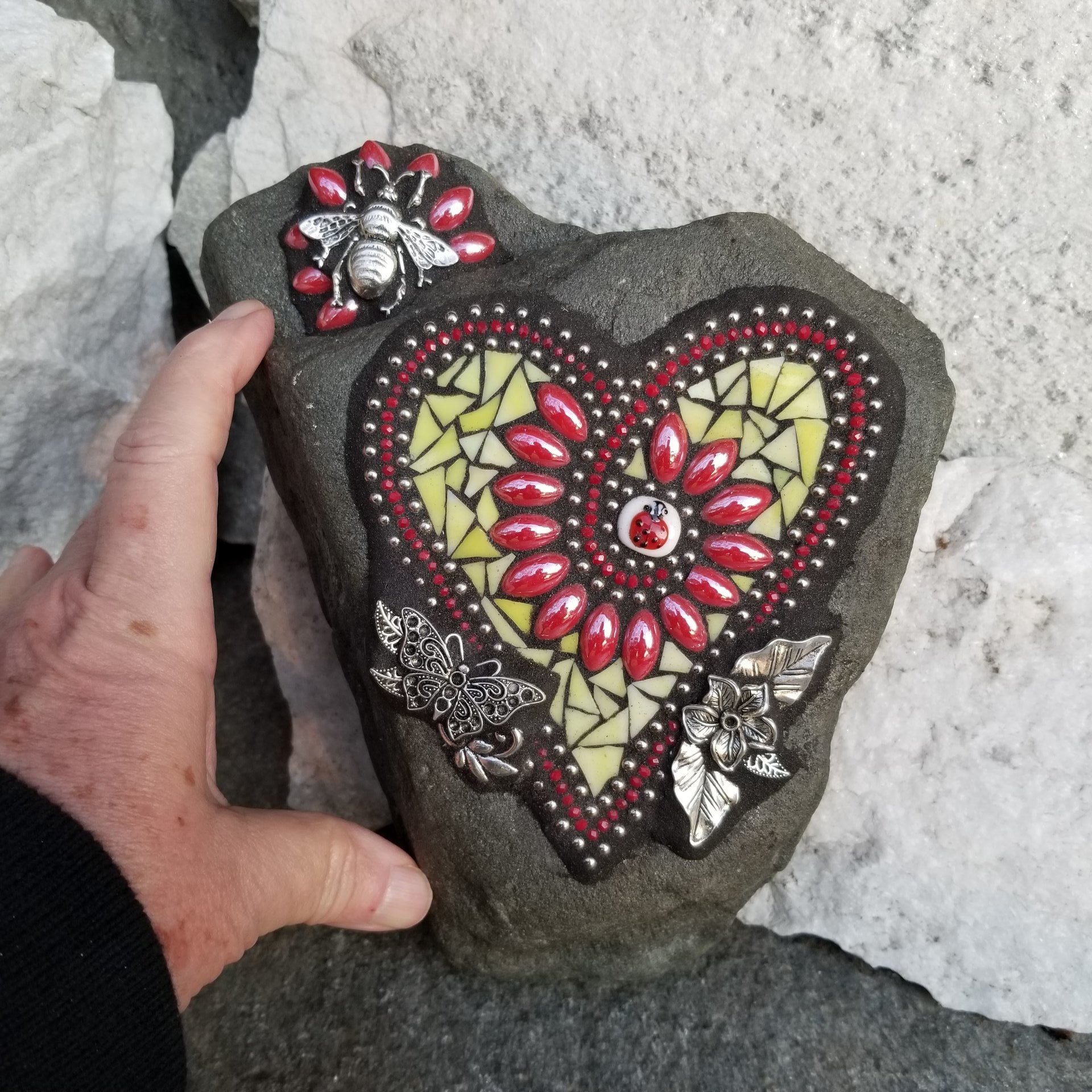 Red and Yellow Flower Mosaic Heart, Garden Stone, Garden Decor