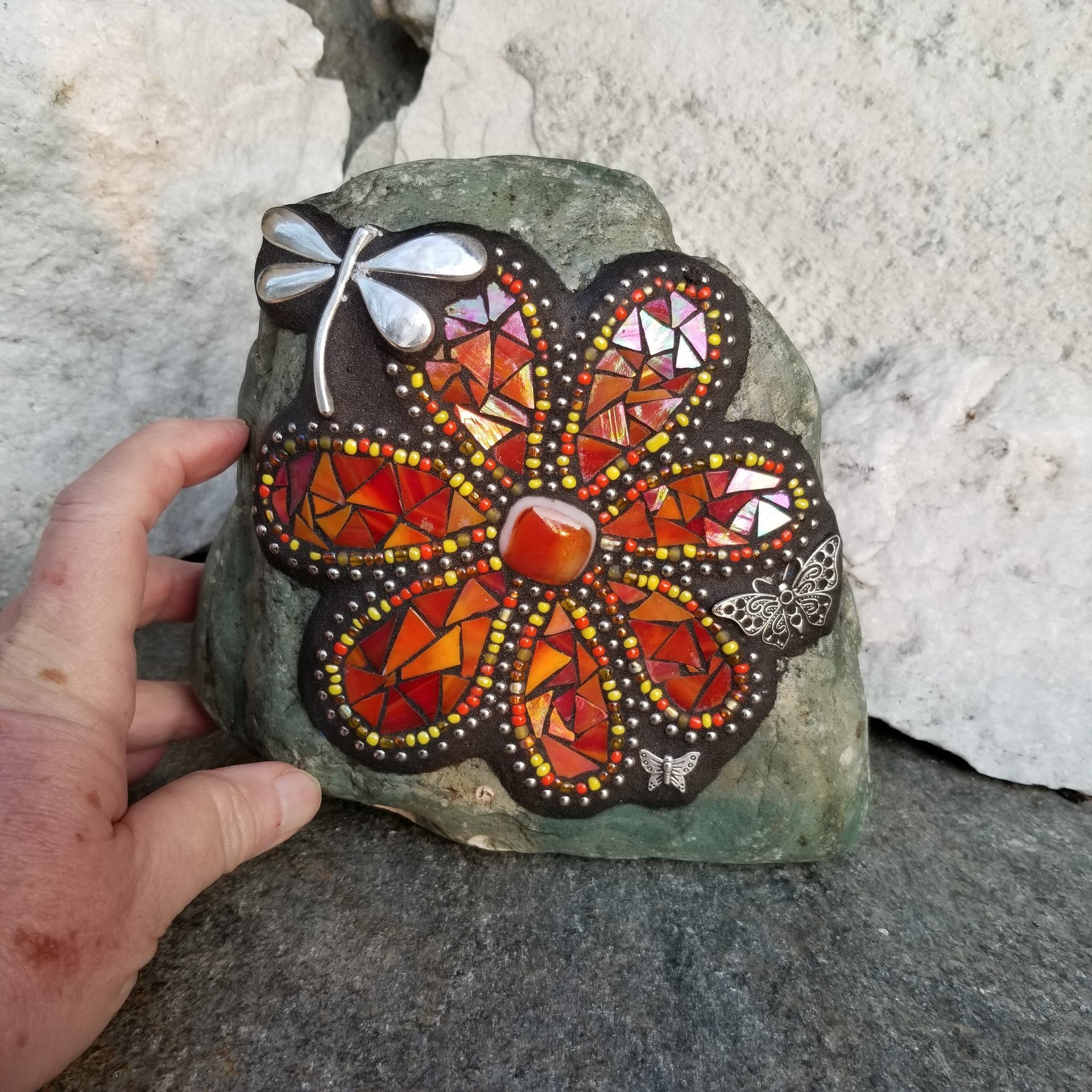 Iridescent Red Orange Flower, Dragonfly, Garden Stone, Mosaic, Garden Decor