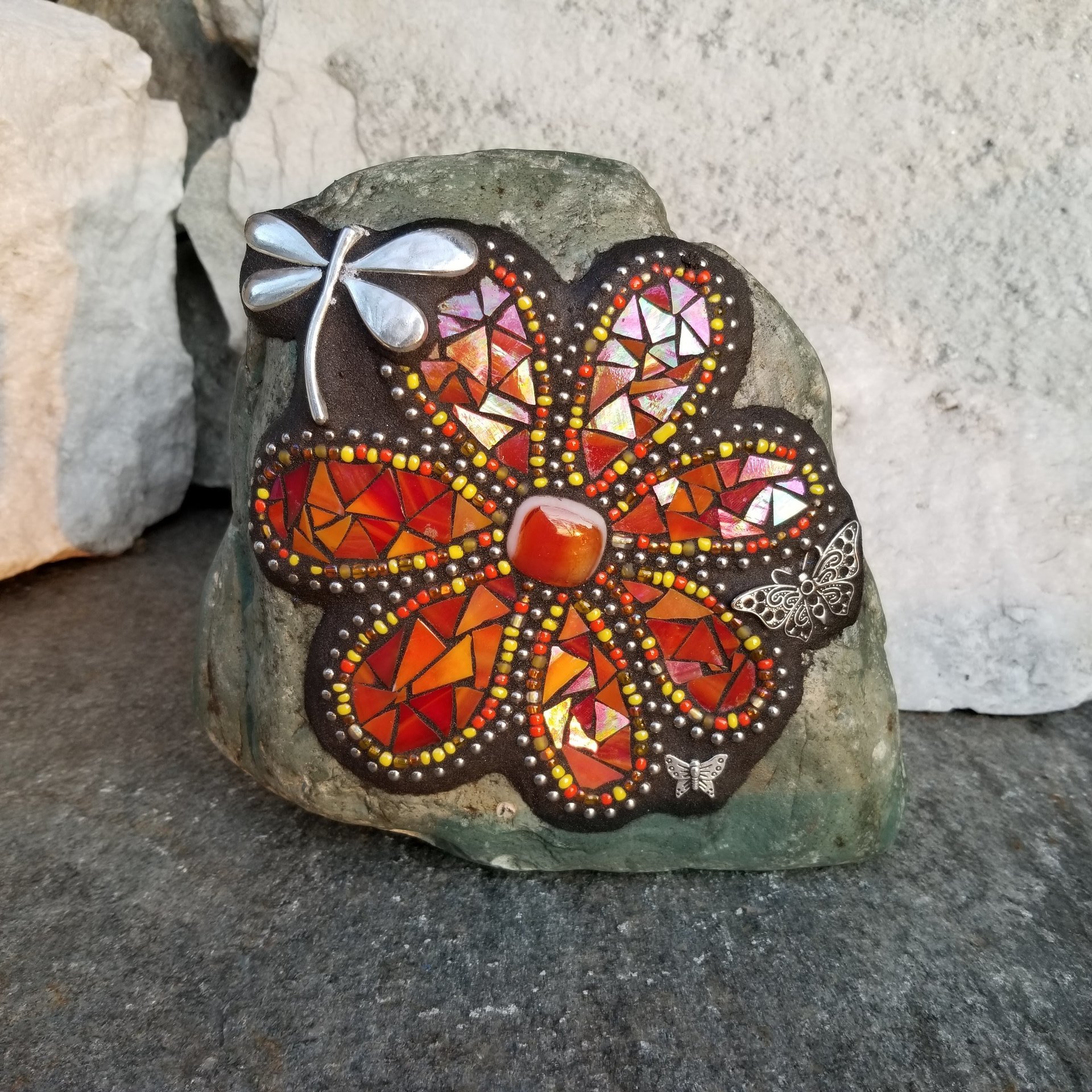 Iridescent Red Orange Flower, Dragonfly, Garden Stone, Mosaic, Garden Decor