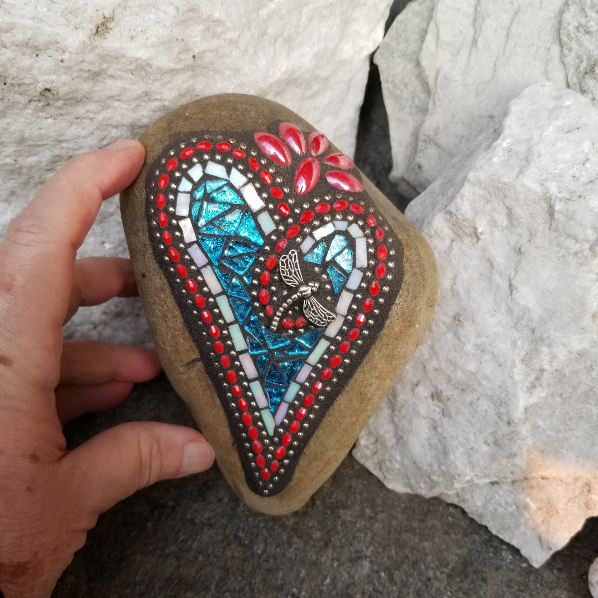 Americana Heart Mosaic / Garden Stone, Dragonfly