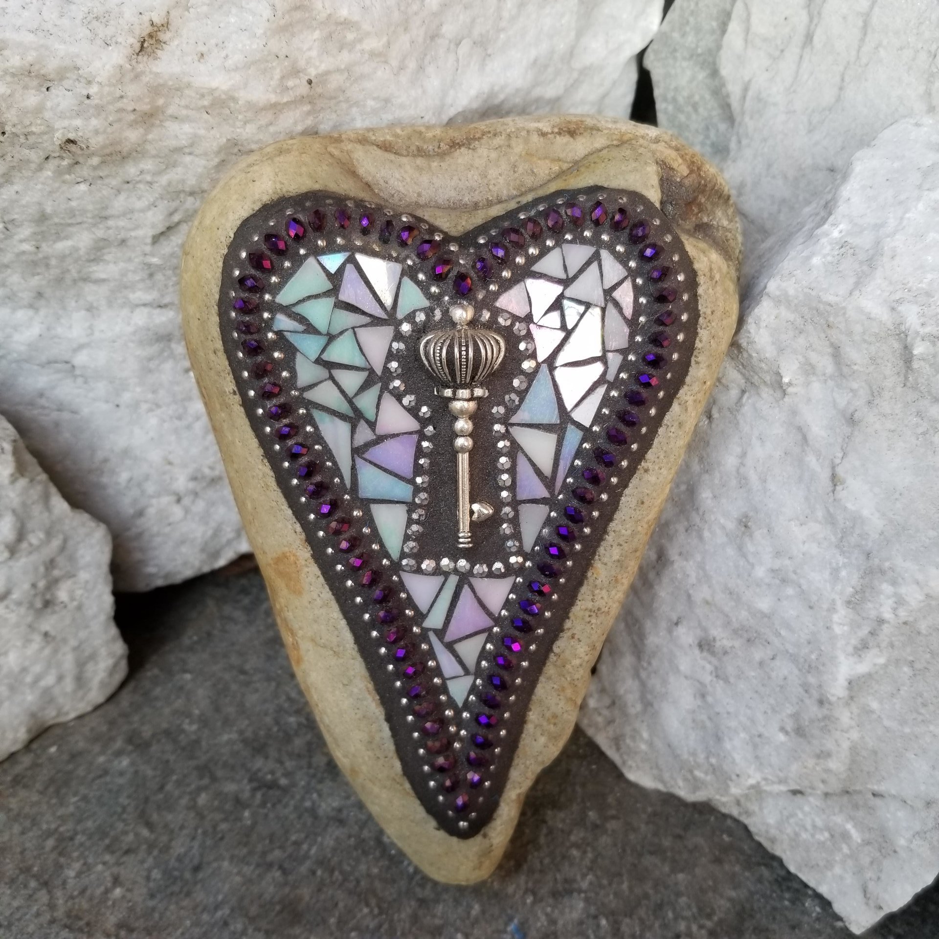 Key Heart, Mosaic, Garden Stone,  Gardener Gift, Home Decor, Garden Decor