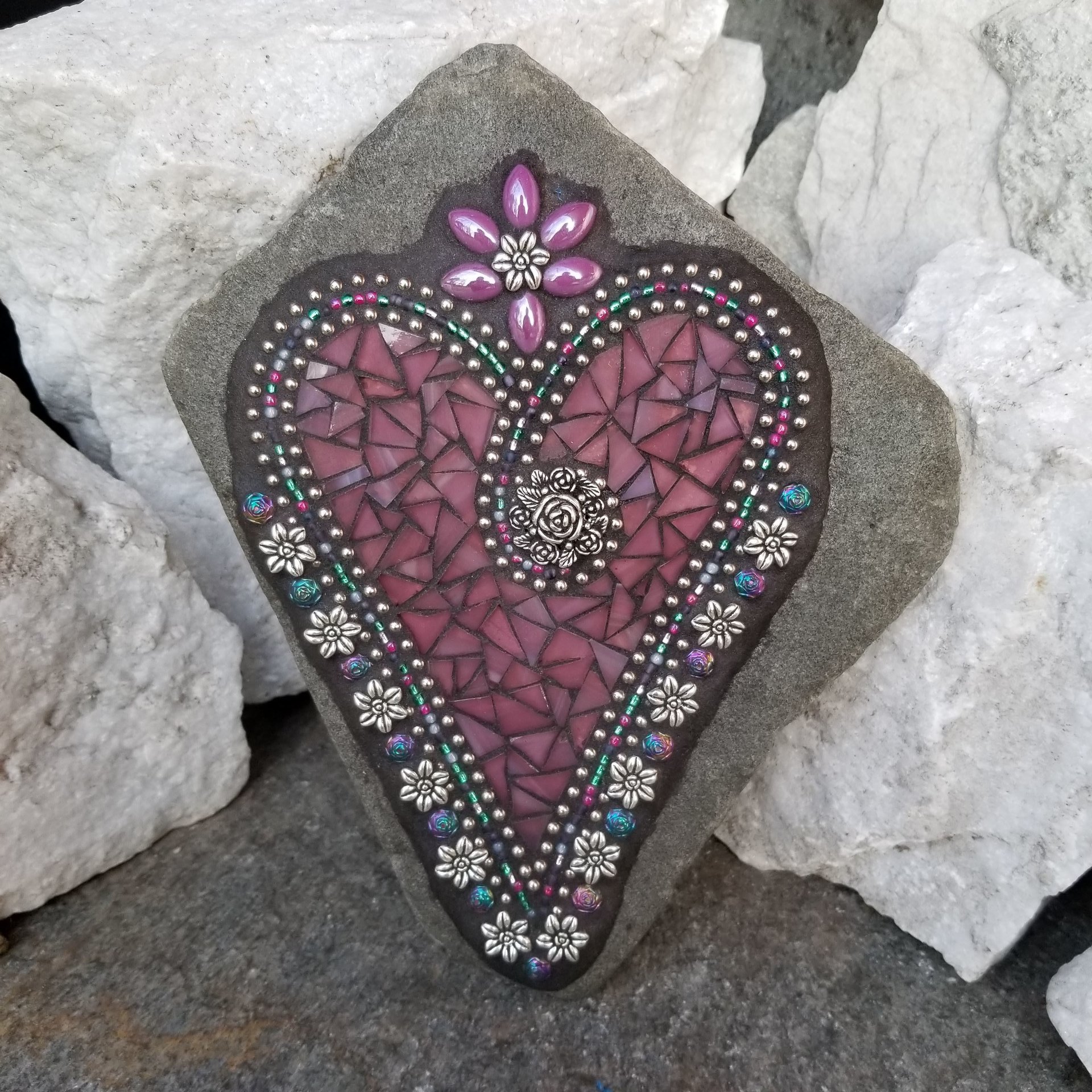 Purple Flower Mosaic Heart, Garden Stone, Garden Decor