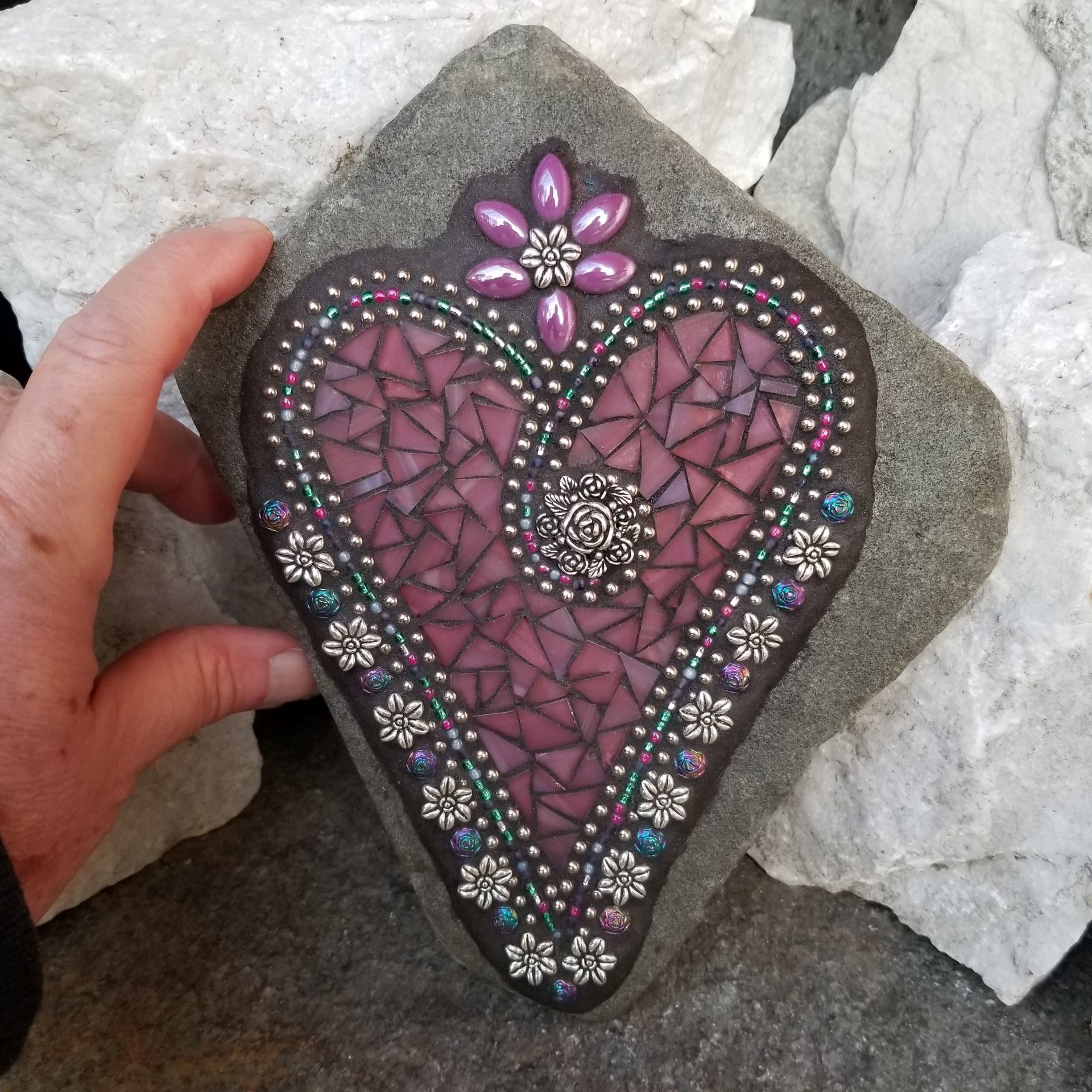 Purple Flower Mosaic Heart, Garden Stone, Garden Decor