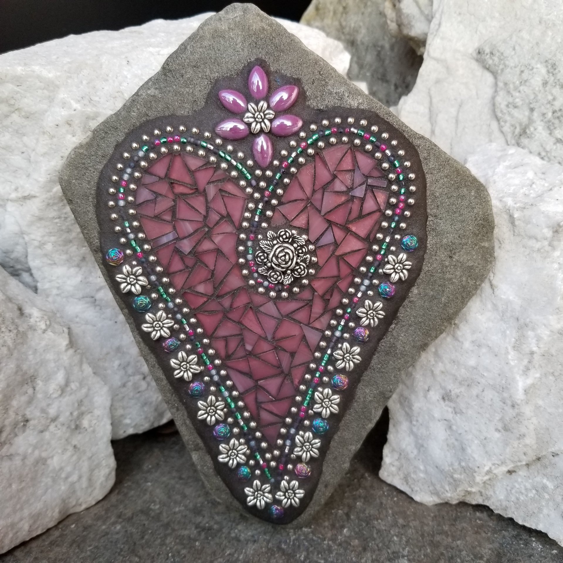 Purple Flower Mosaic Heart, Garden Stone, Garden Decor