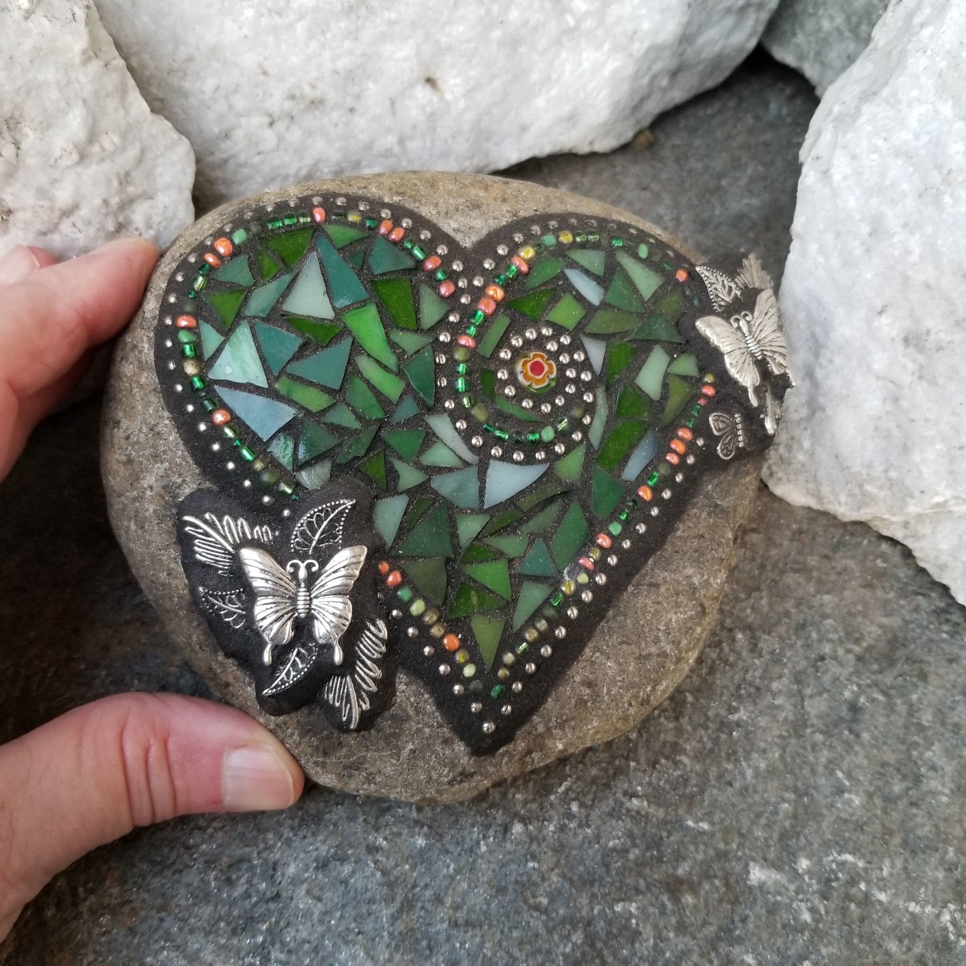 Green Mosaic Heart Garden Stone, Gardner Gift, Garden Decor