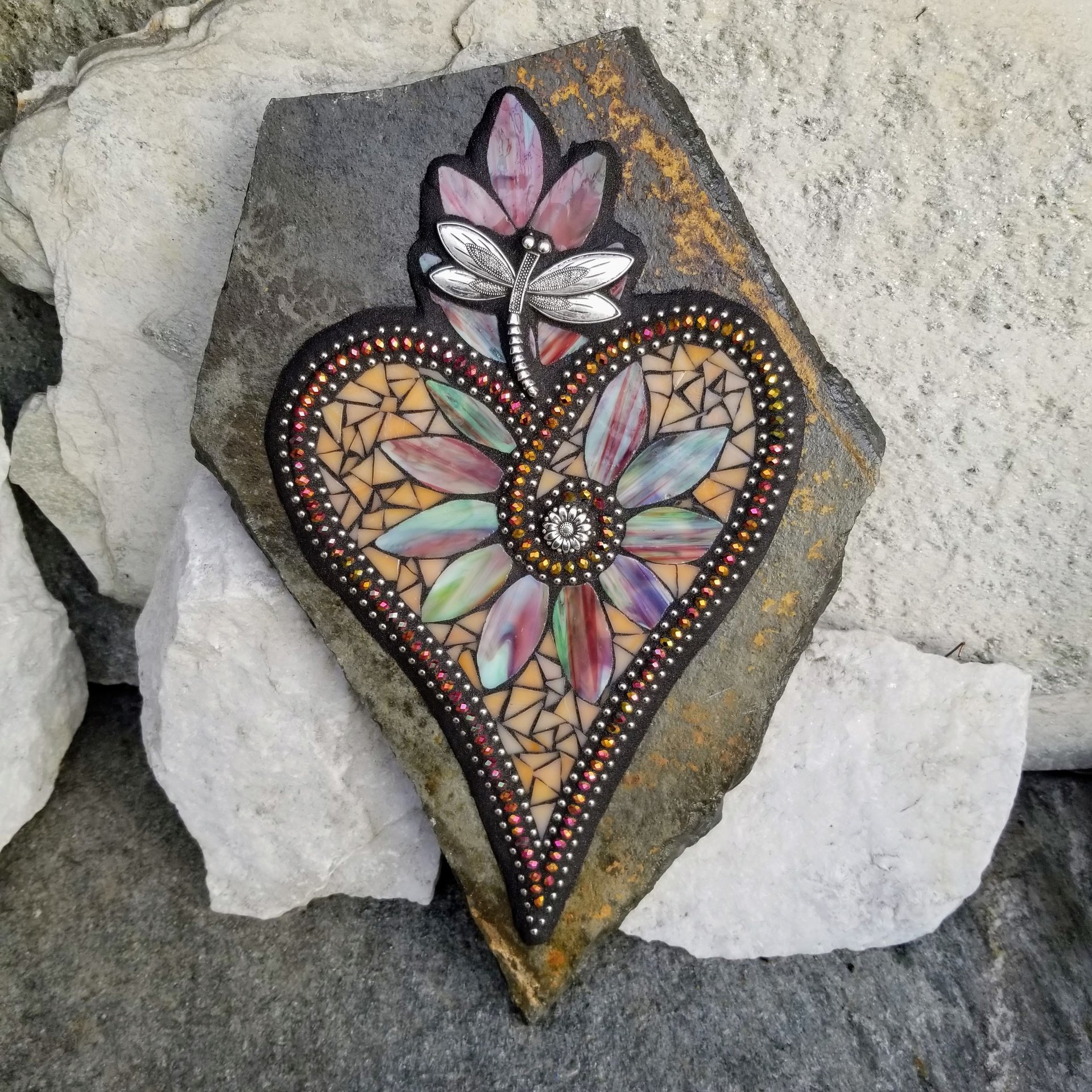 Peach Mixed Green/Brown Heart Mosaic / Garden Stone, Dragonfly