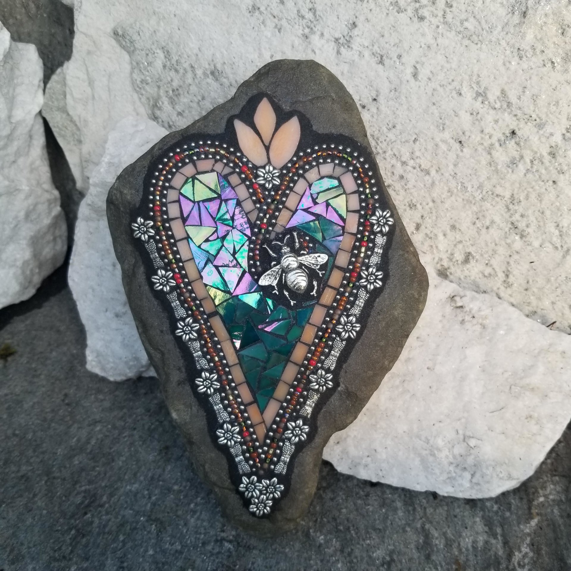 Iridescent Green Bee Heart, Mosaic Paperweight / Garden Stone