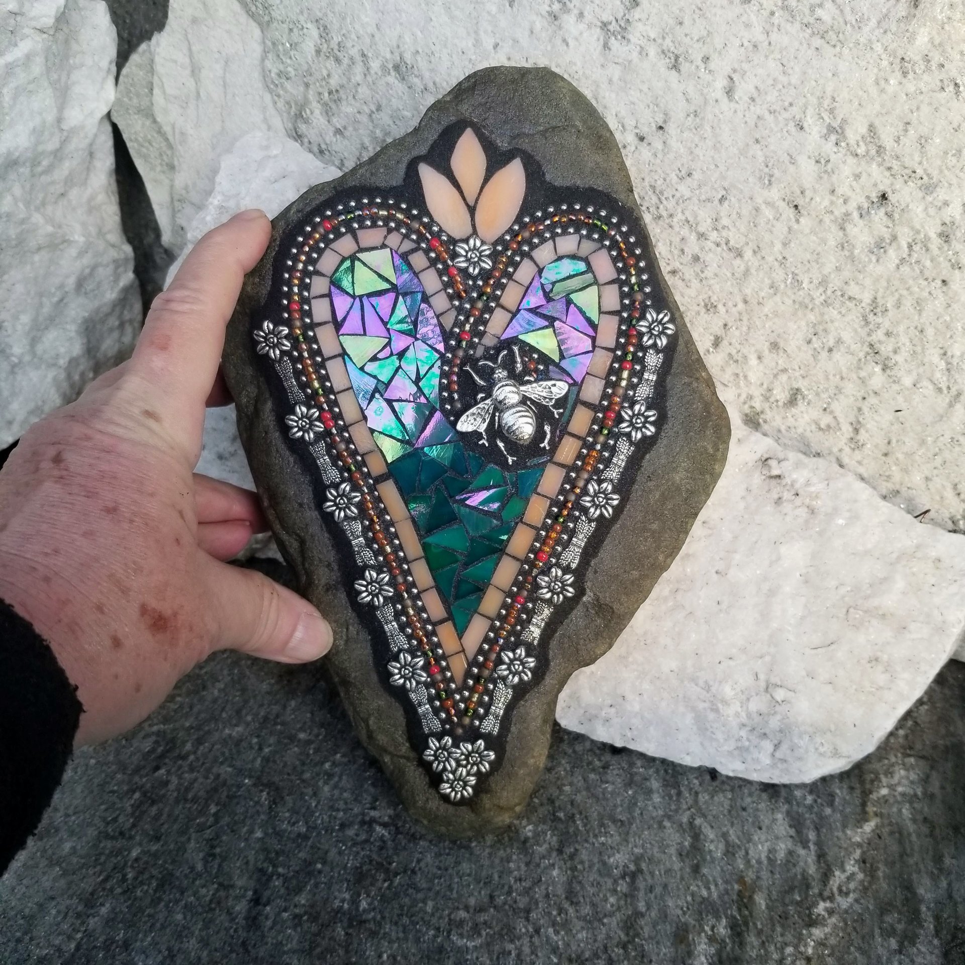 Iridescent Green Bee Heart, Mosaic Paperweight / Garden Stone