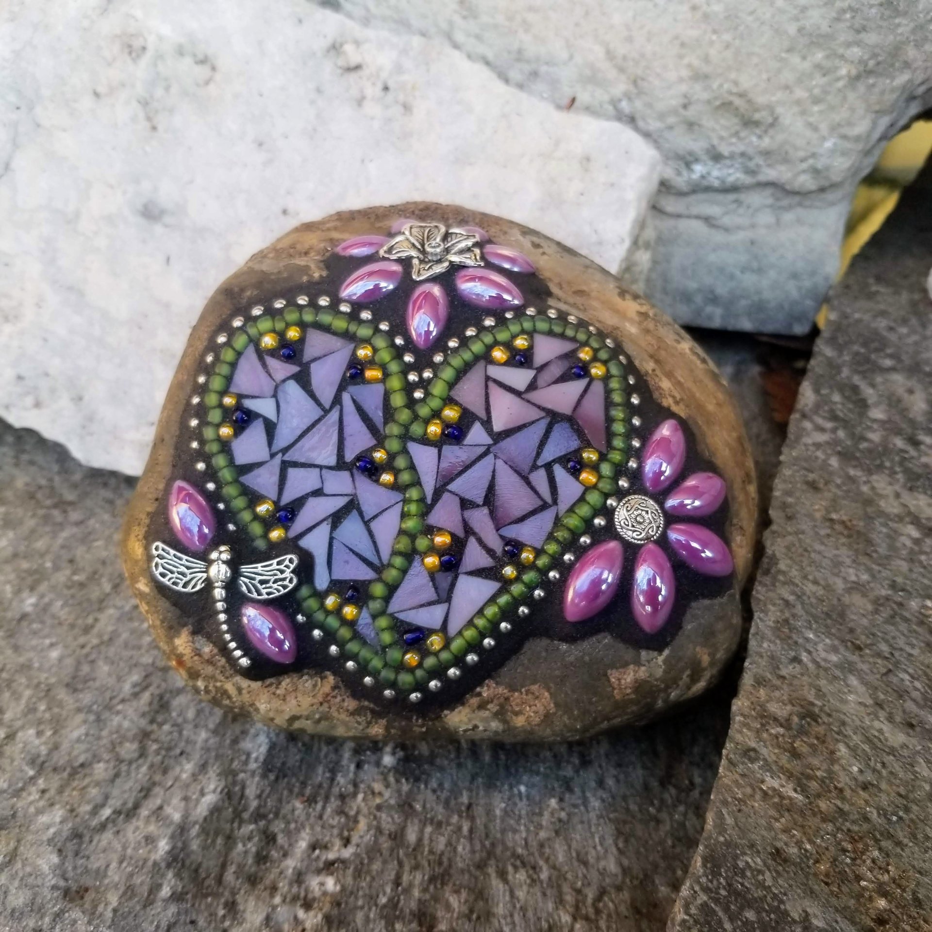 Purple Flower Mosaic Heart, Garden Stone, Garden Decor