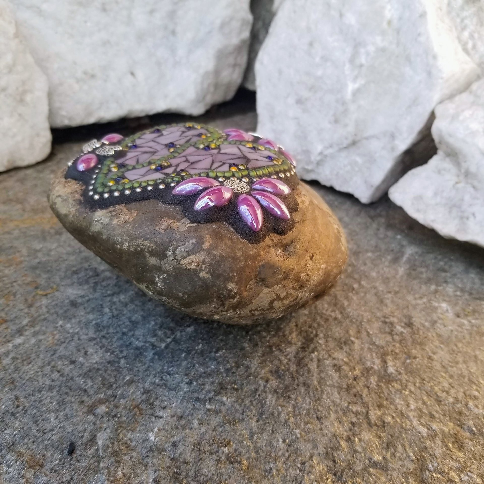 Purple Flower Mosaic Heart, Garden Stone, Garden Decor