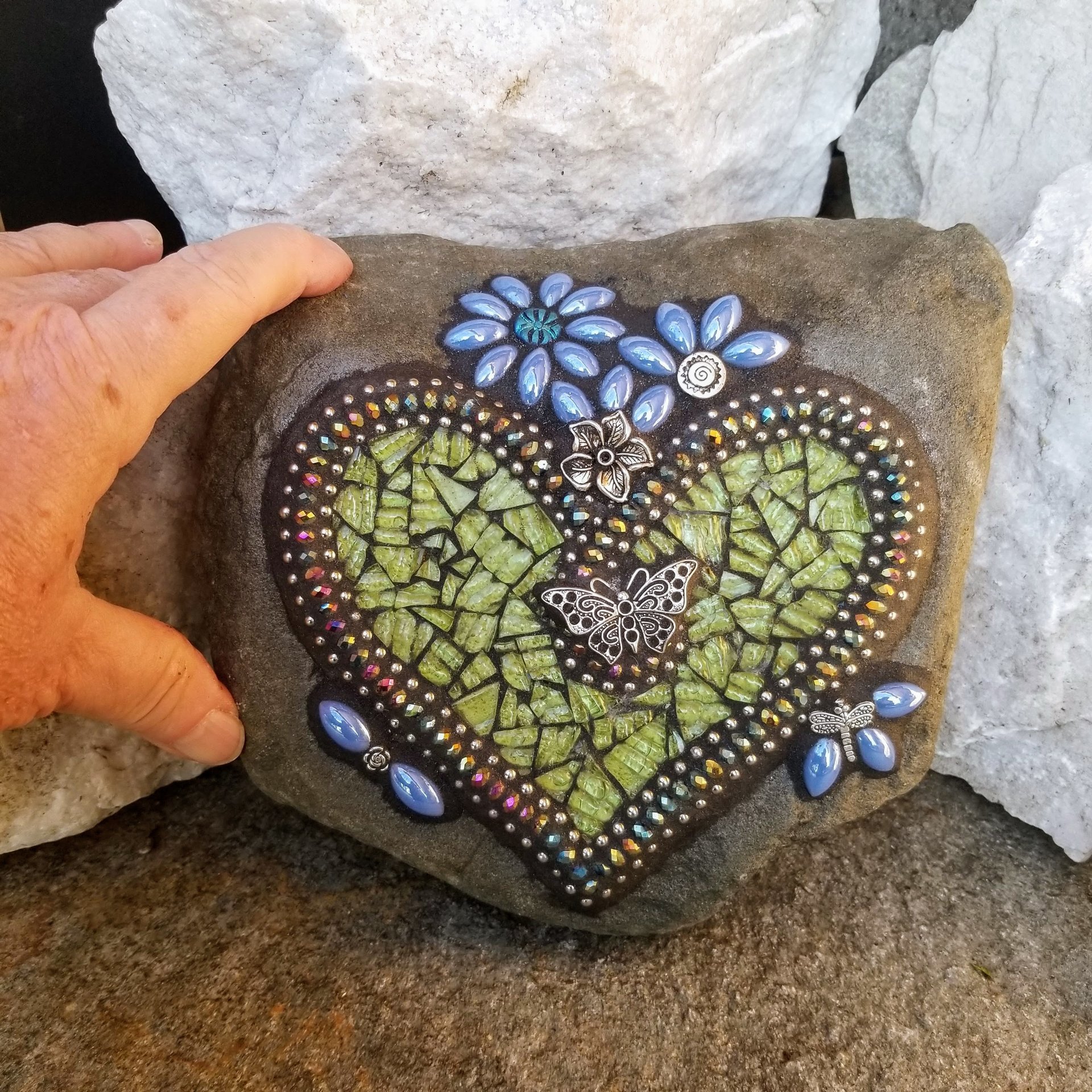 Green Heart Mosaic Garden Stone with Blue Flowers