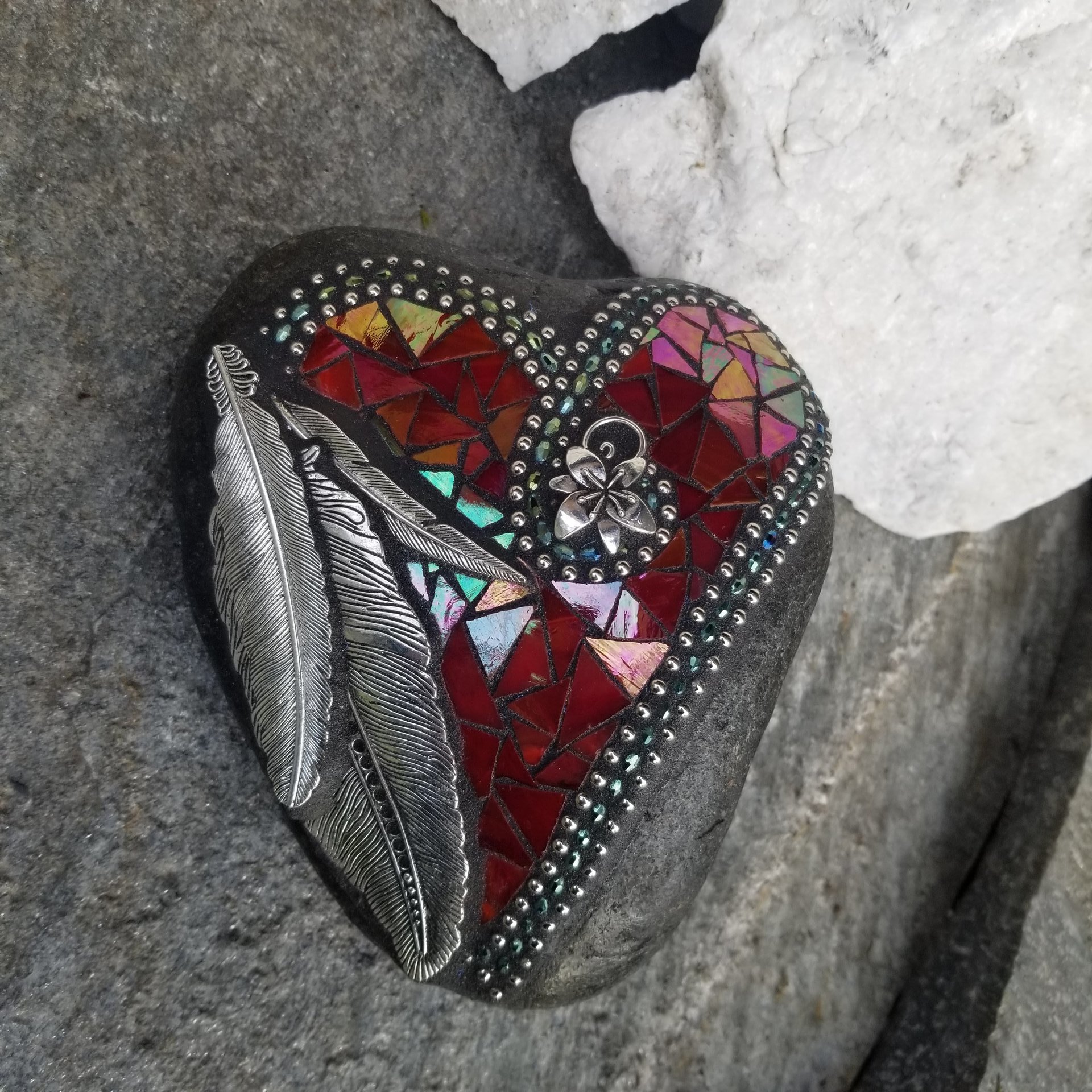 Iridescent Red Feather Mosaic Heart, Garden Stone, Garden Decor