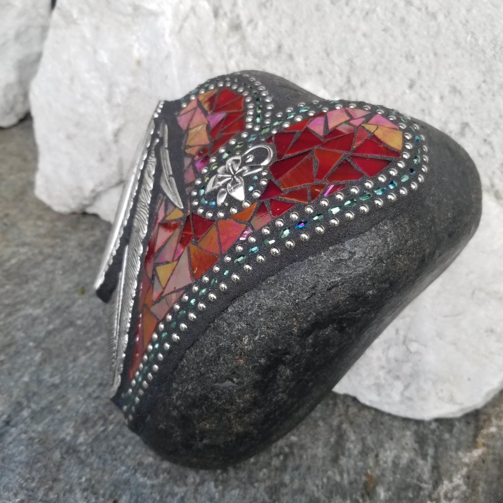 Iridescent Red Feather Mosaic Heart, Garden Stone, Garden Decor