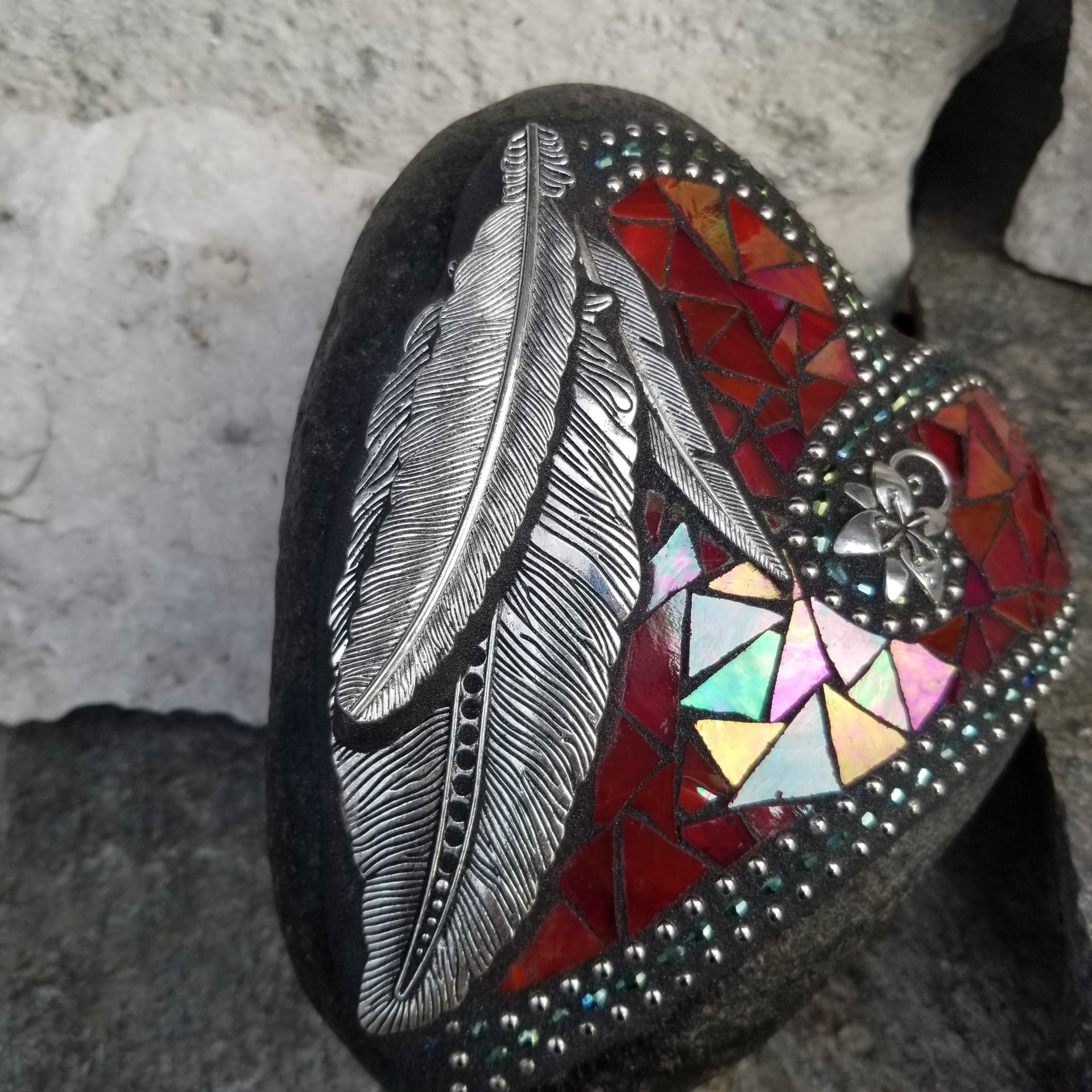 Iridescent Red Feather Mosaic Heart, Garden Stone, Garden Decor