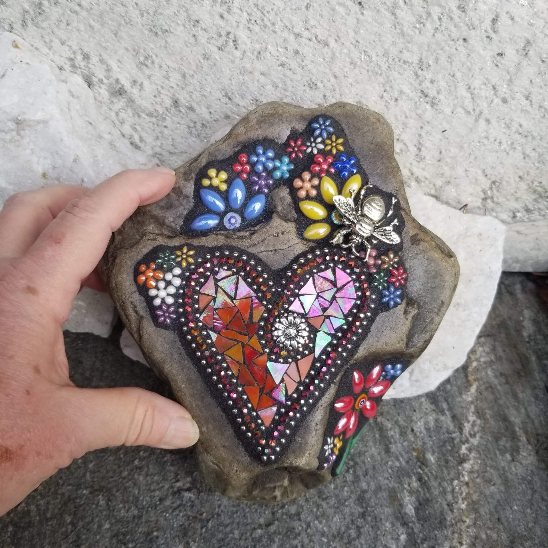 Iridescent Red Mosaic Heart, Garden Stone, Garden Decor, Bee