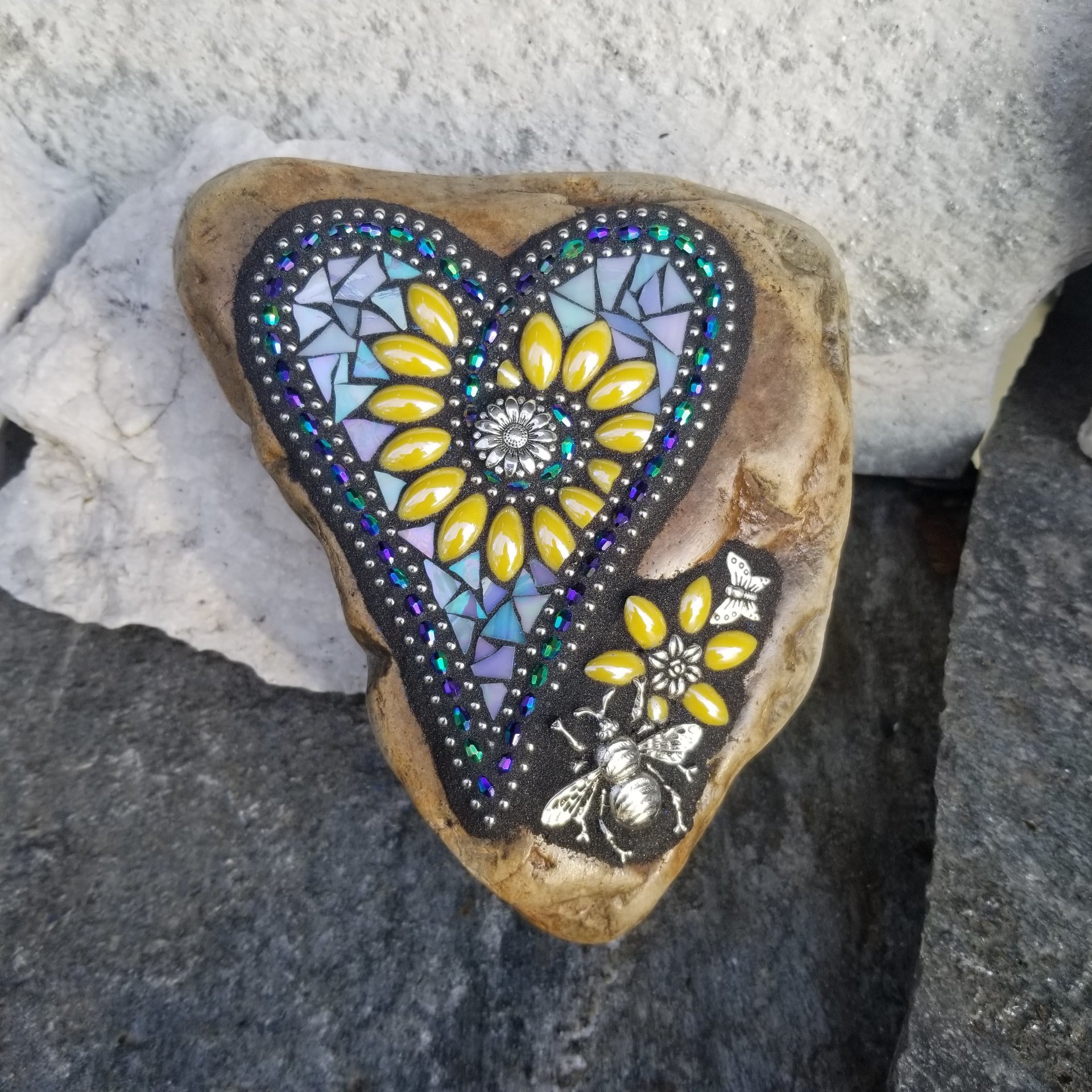 Iridescent Blue Mosaic Heart, Yellow Flowers, Garden Stone, Honey Bee