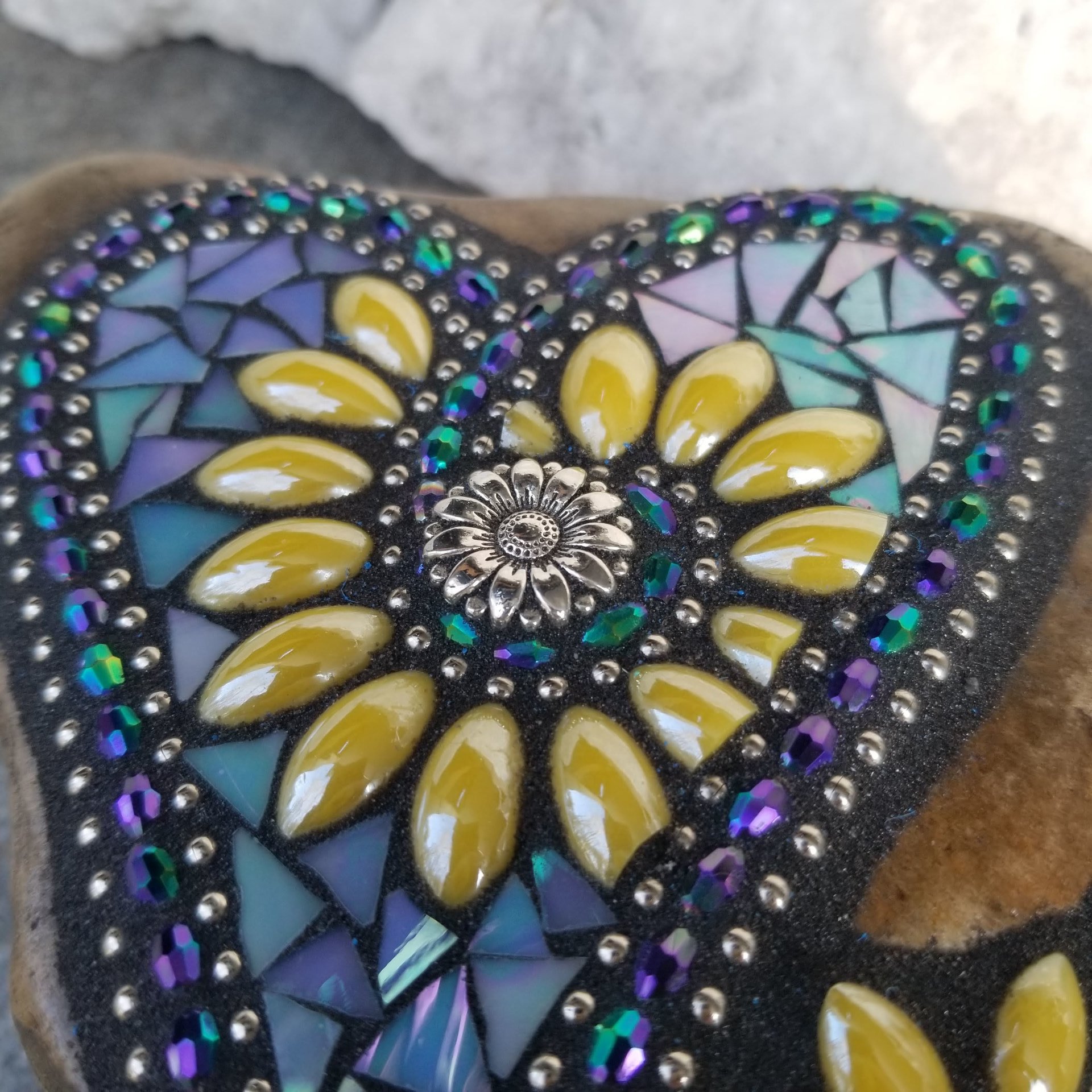 Iridescent Blue Mosaic Heart, Yellow Flowers, Garden Stone, Honey Bee