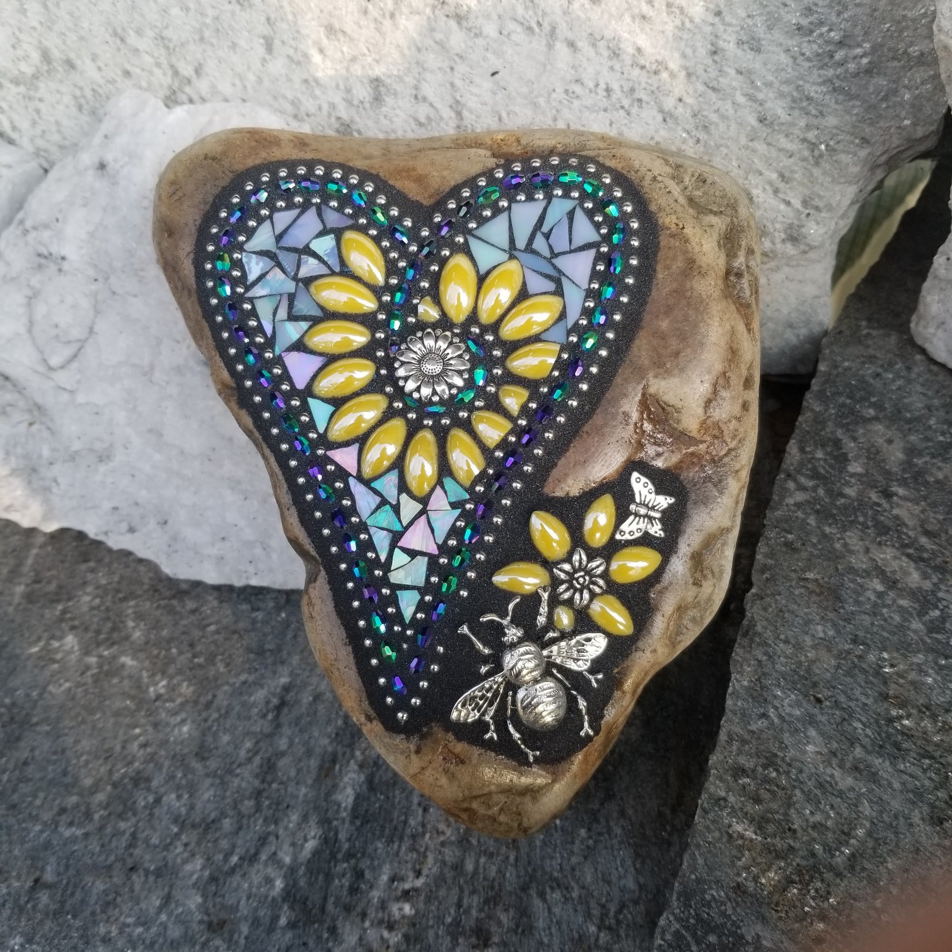 Iridescent Blue Mosaic Heart, Yellow Flowers, Garden Stone, Honey Bee