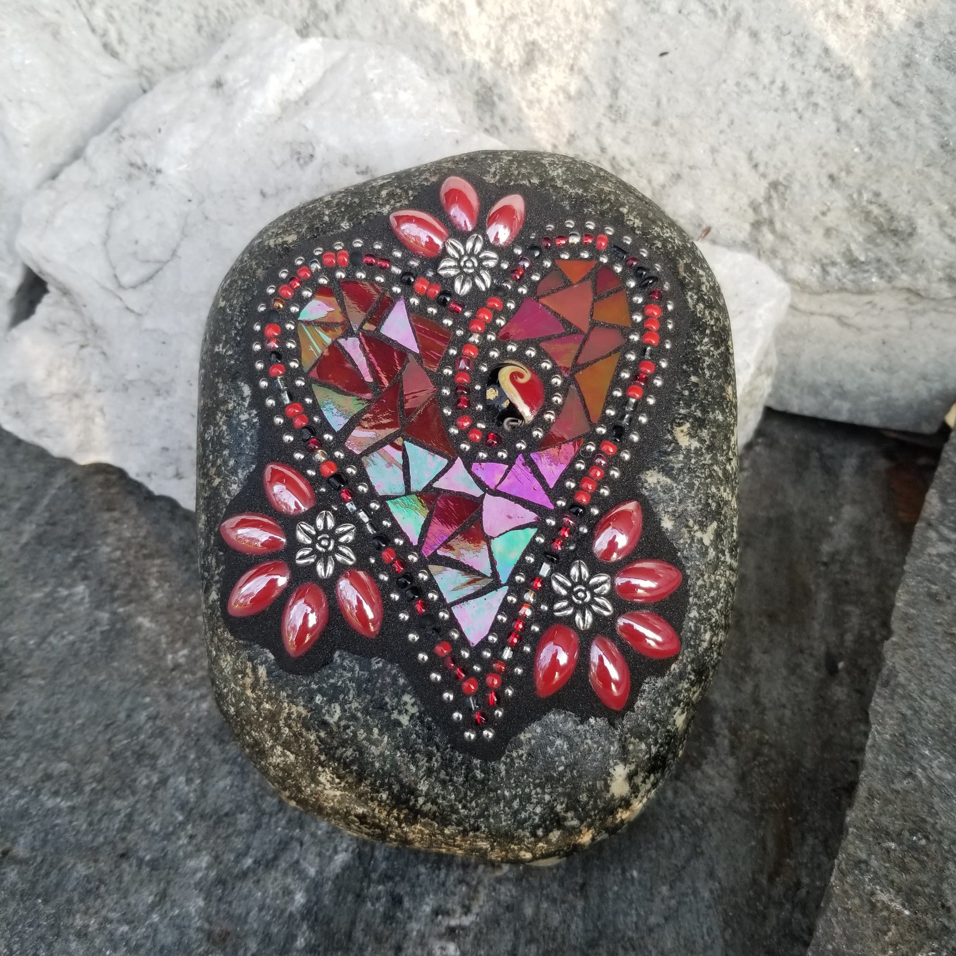 Iridescent Red Heart, Mosaic Garden Stone Valentine Heart