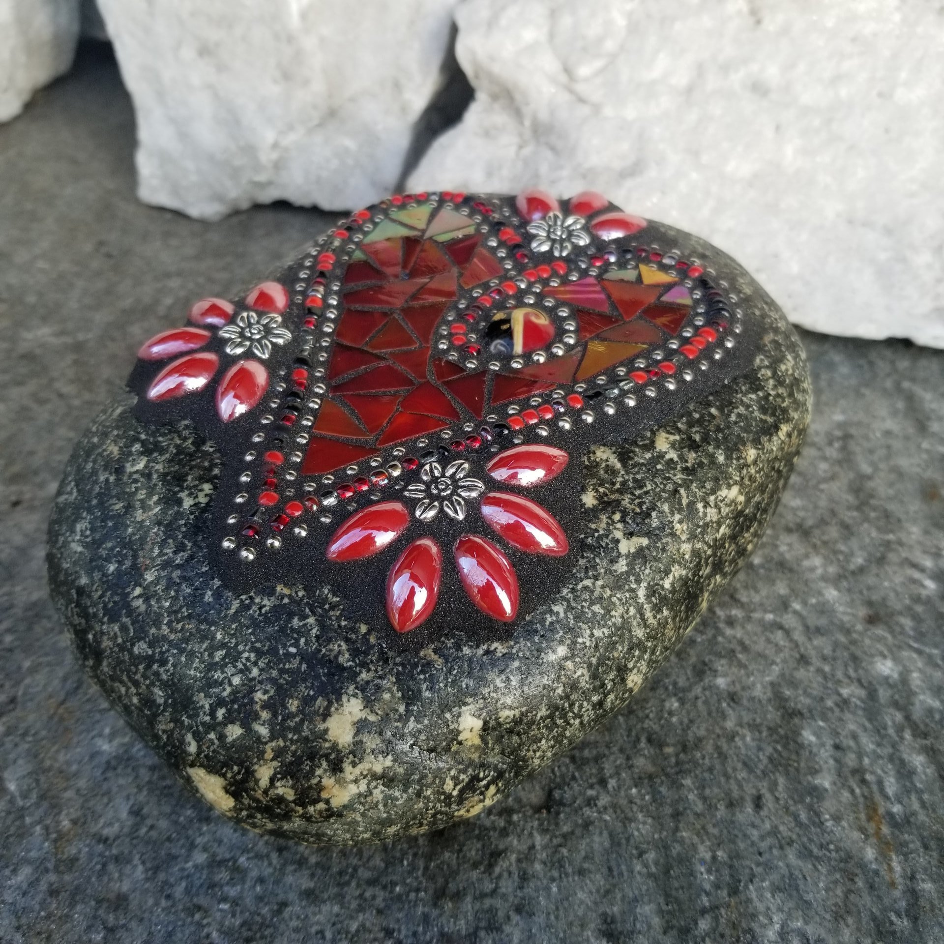 Iridescent Red Heart, Mosaic Garden Stone Valentine Heart