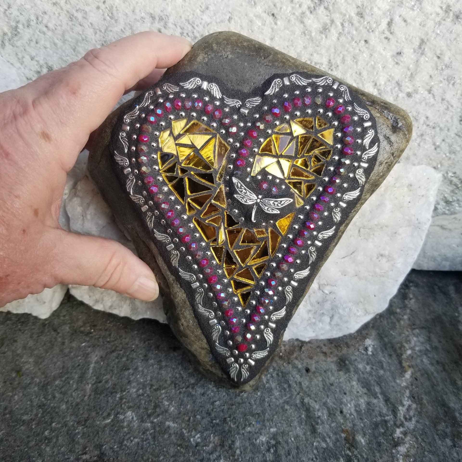 Gold Mirror Angel Wing Heart, Garden Stone, Mosaic, Garden Decor