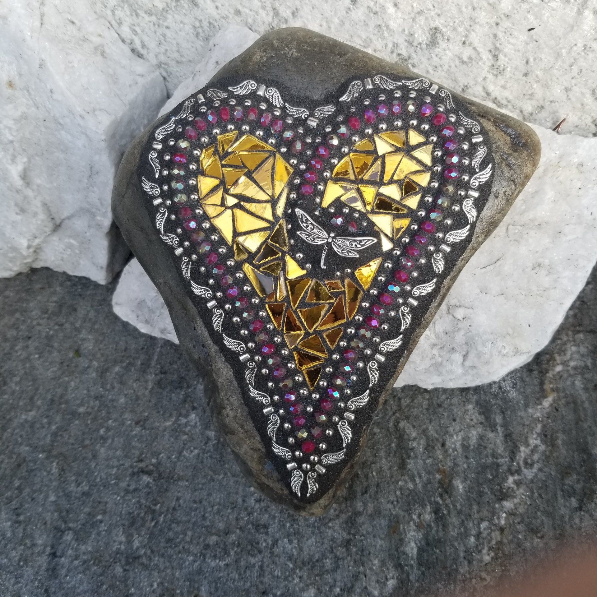 Gold Mirror Angel Wing Heart, Garden Stone, Mosaic, Garden Decor