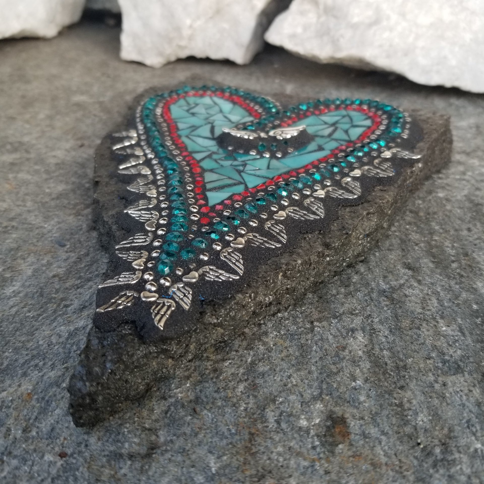 Turquoise Angel Wing Heart, Garden Stone, Mosaic, Garden Decor