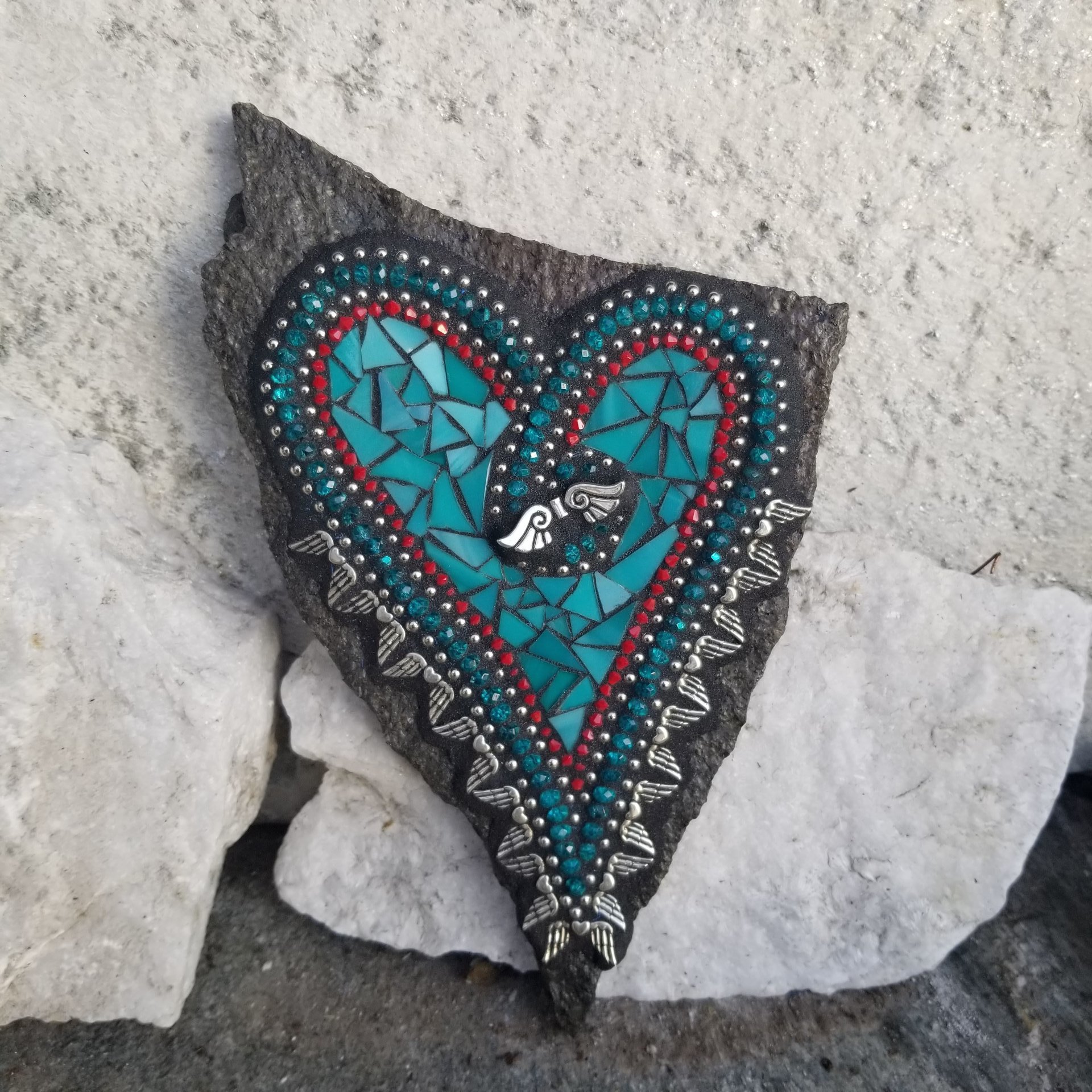 Turquoise Angel Wing Heart, Garden Stone, Mosaic, Garden Decor