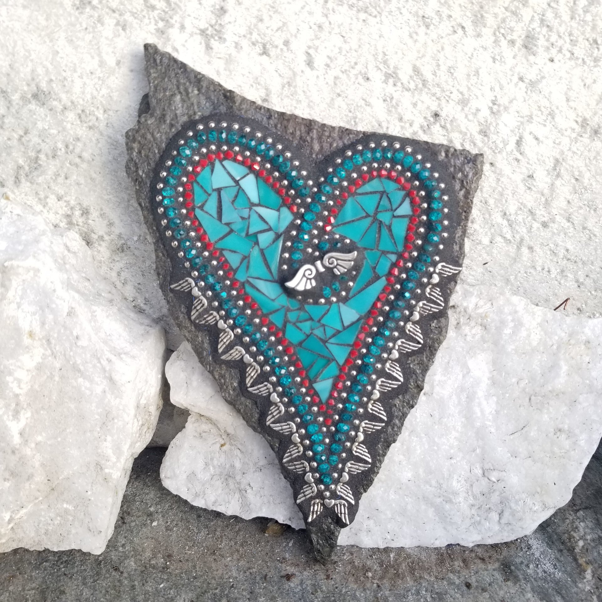 Turquoise Angel Wing Heart, Garden Stone, Mosaic, Garden Decor