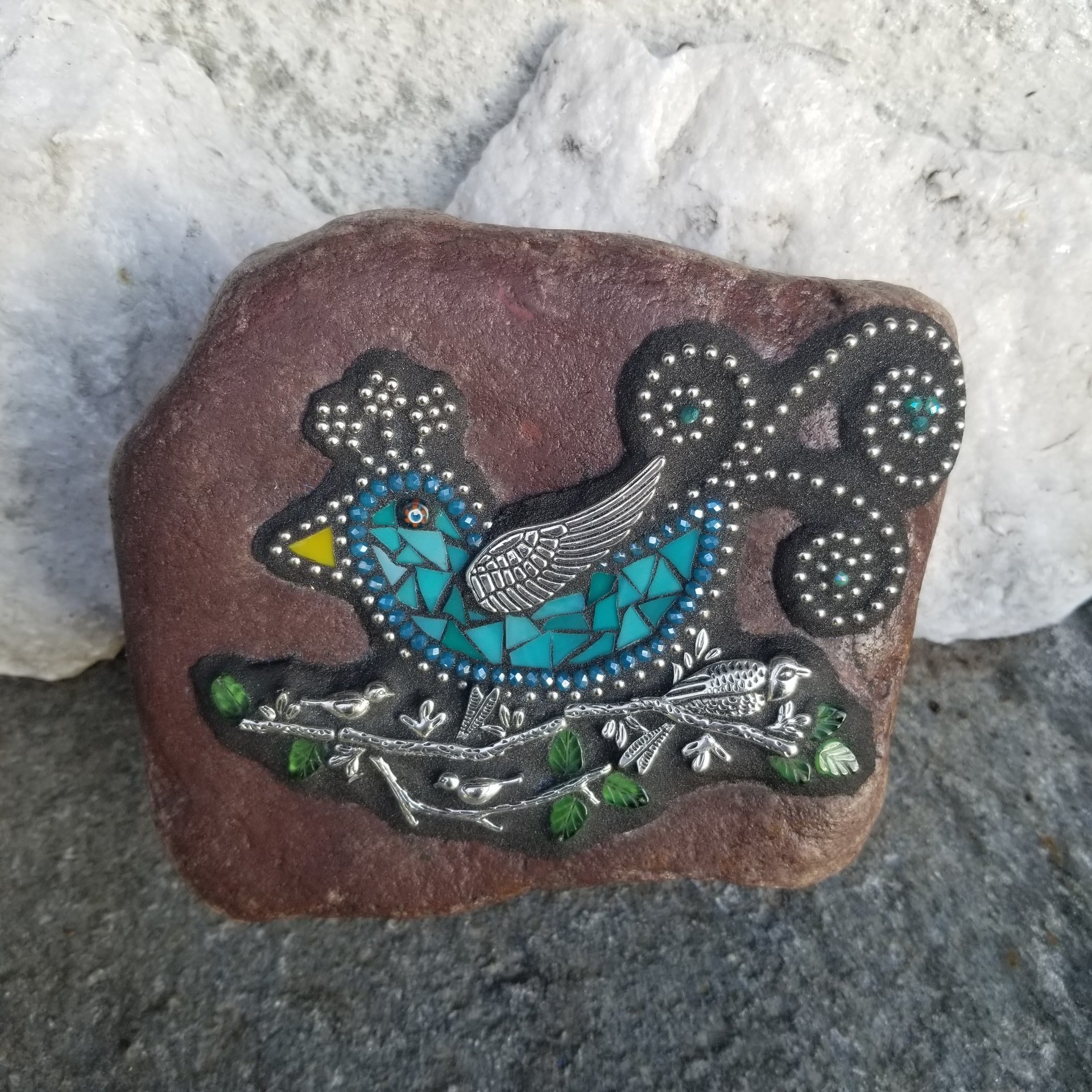 Teal Bluebird on a Branch Mosaic-Garden Stone