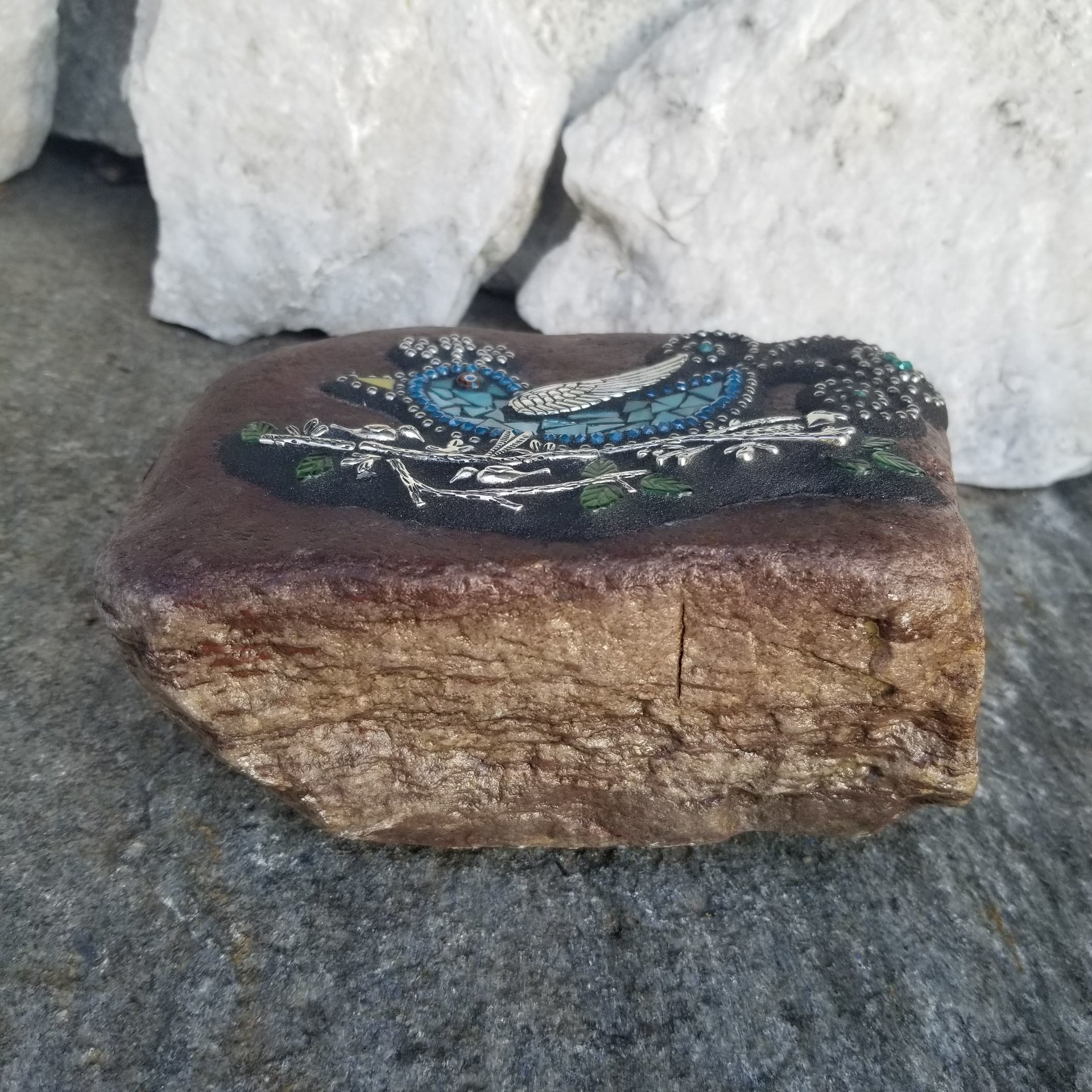 Teal Bluebird on a Branch Mosaic-Garden Stone