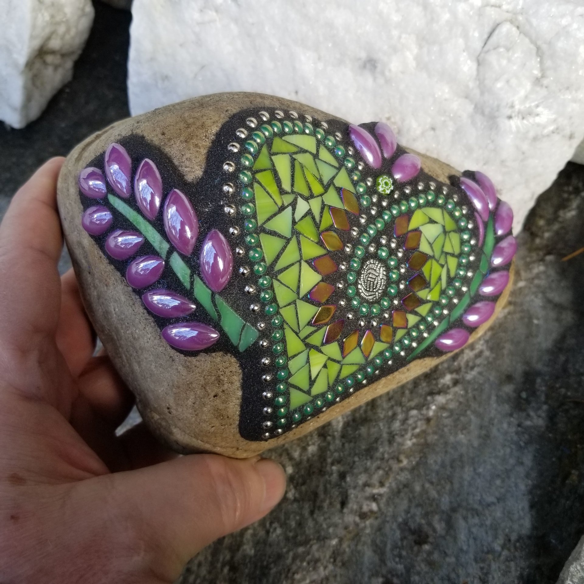 Lime Green Heart Mosaic Garden Stone